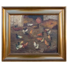1950s Oil Painting on Board of Chickens. Signed