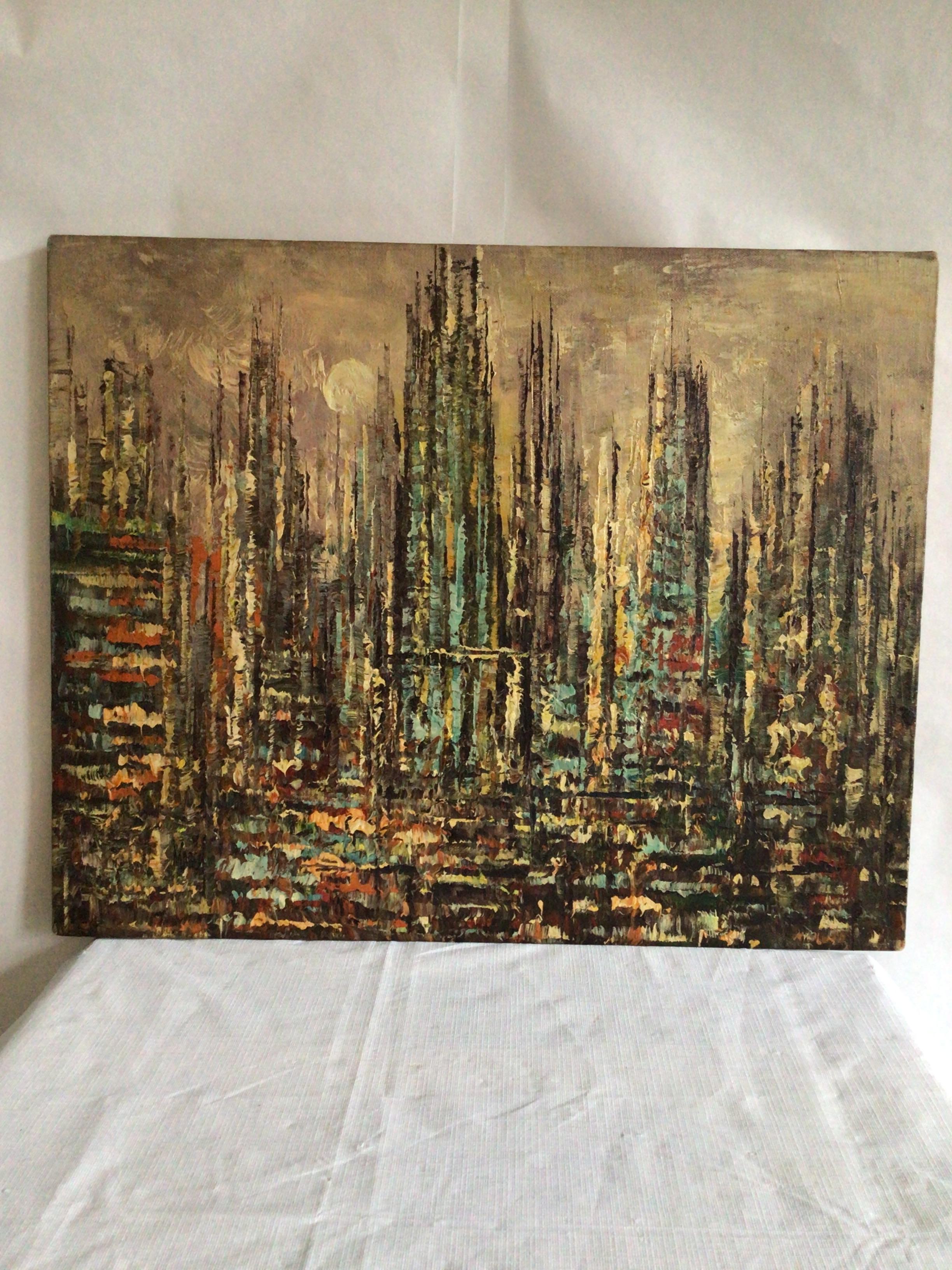 1950s Oil Painting on Canvas Of Abstract Cityscape
Wood frame under stretched canvas
Skyscrapers against cloudy sky
