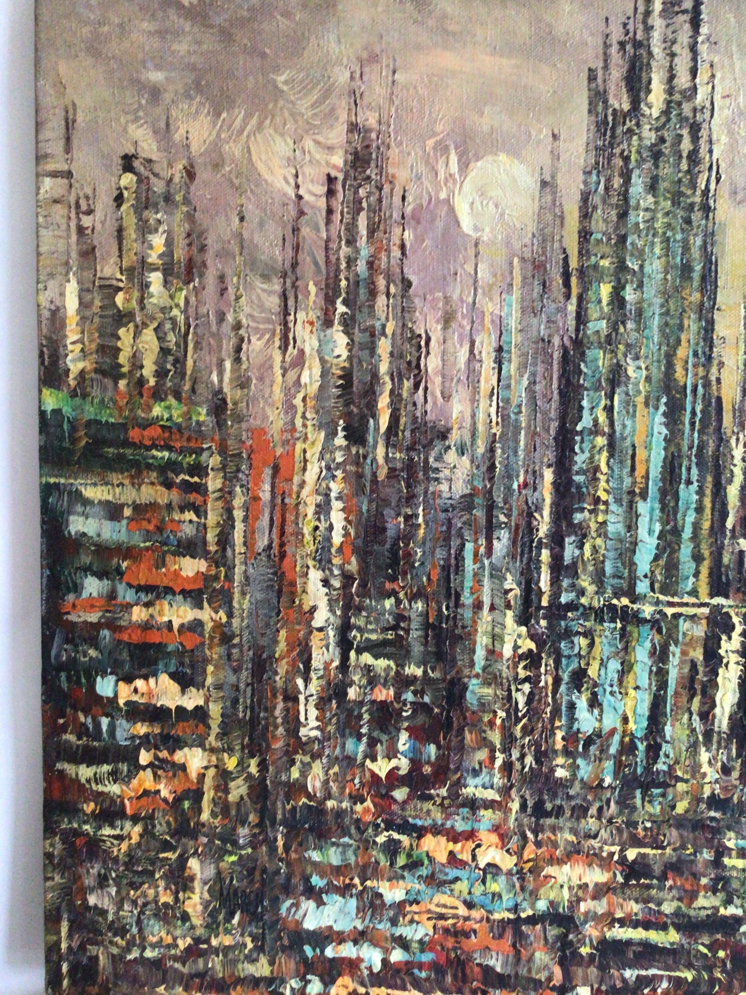 Peint à la main Peinture à l'huile sur toile des années 1950 d'un paysage urbain abstrait en vente