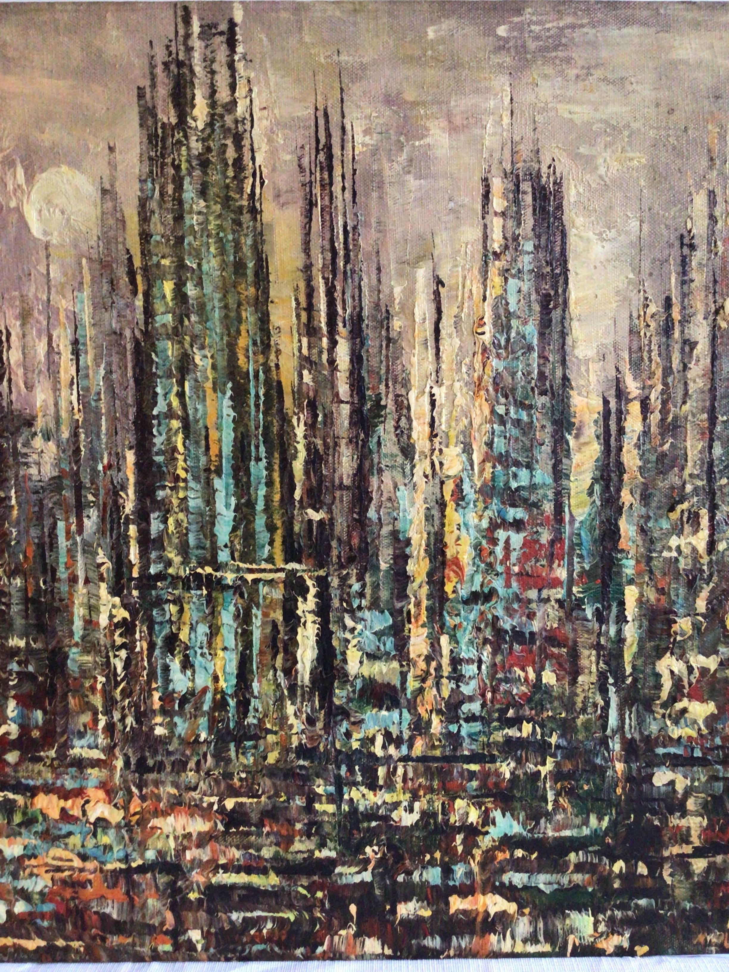 Peinture à l'huile sur toile des années 1950 d'un paysage urbain abstrait Bon état - En vente à Tarrytown, NY