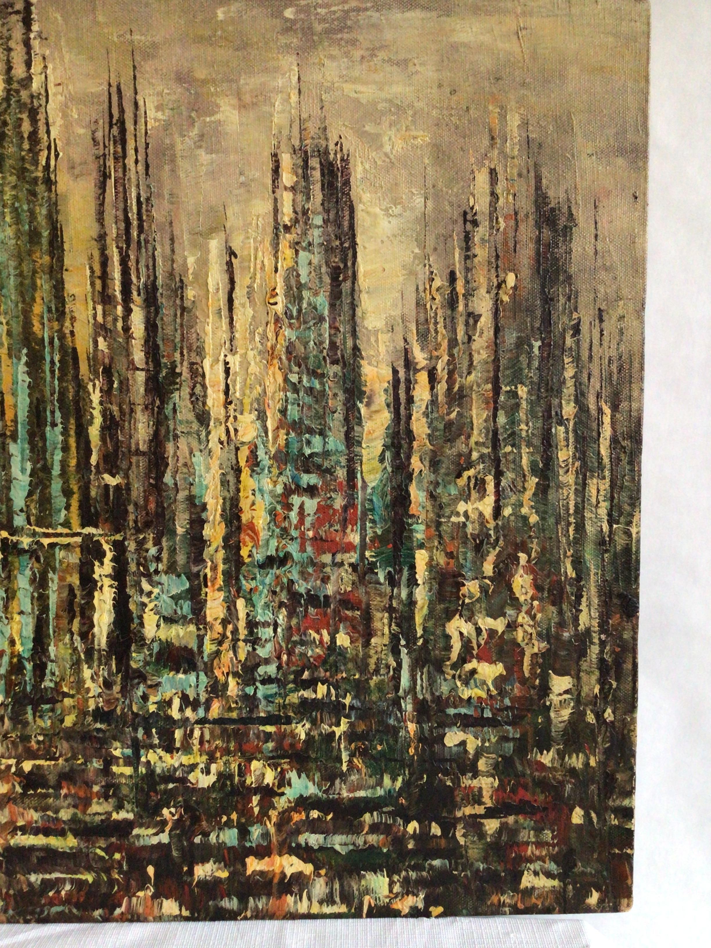 Milieu du XXe siècle Peinture à l'huile sur toile des années 1950 d'un paysage urbain abstrait en vente