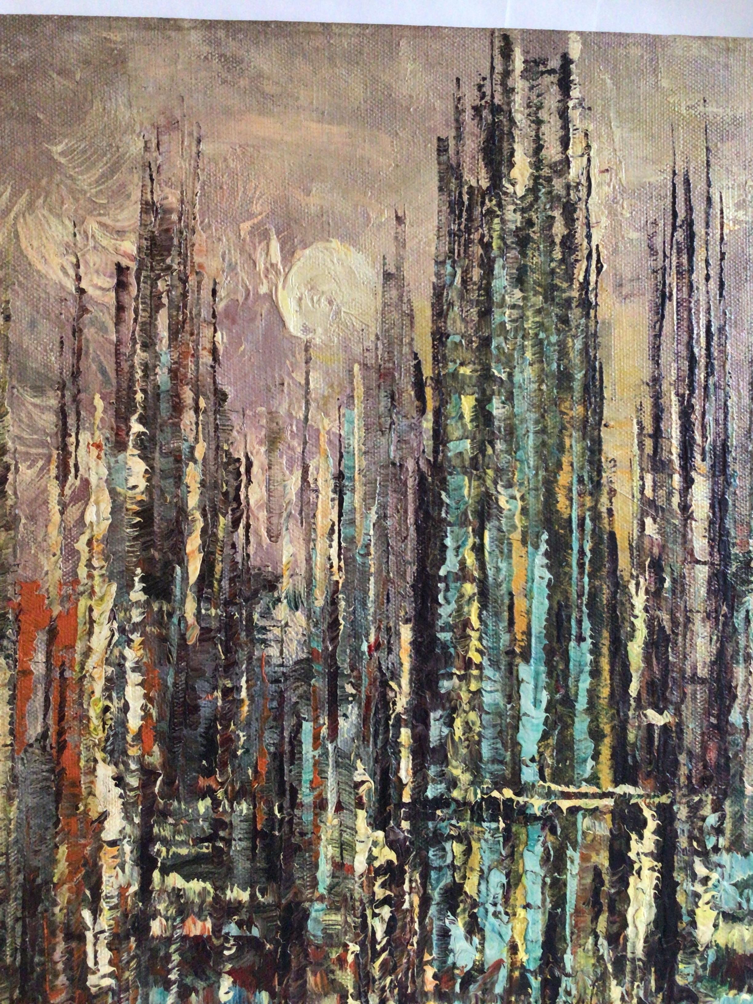 Toile Peinture à l'huile sur toile des années 1950 d'un paysage urbain abstrait en vente