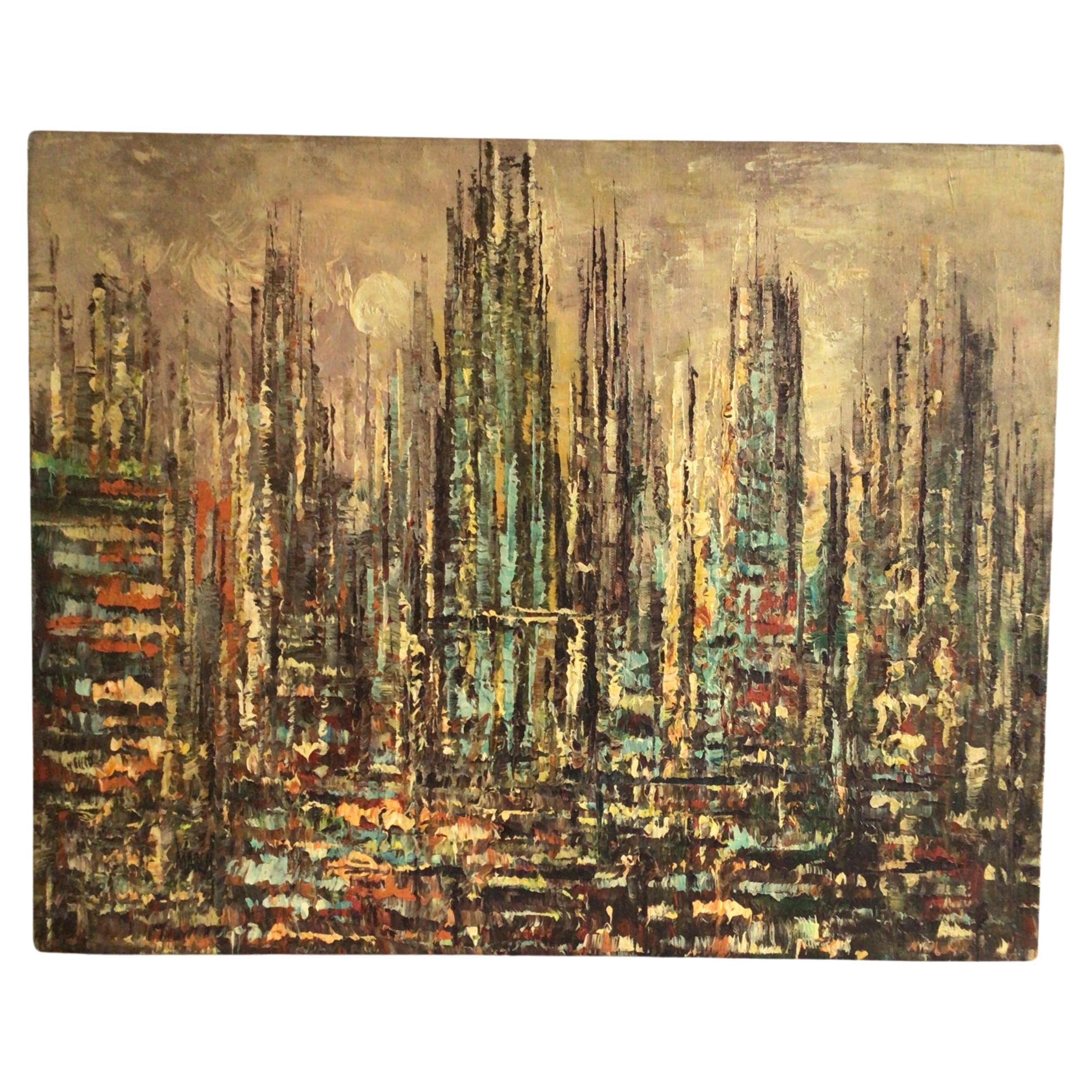 Peinture à l'huile sur toile des années 1950 d'un paysage urbain abstrait