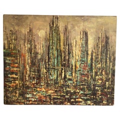 Retro 1950s Oil Painting on Canvas Of Abstract Cityscape