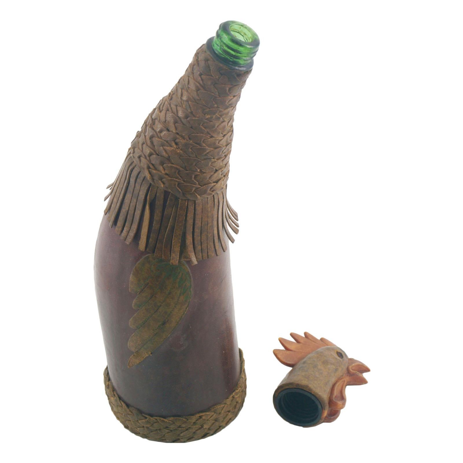 Italian 1950s Old Collection Bottle Covered in Leather in the Shape of a Rooster For Sale