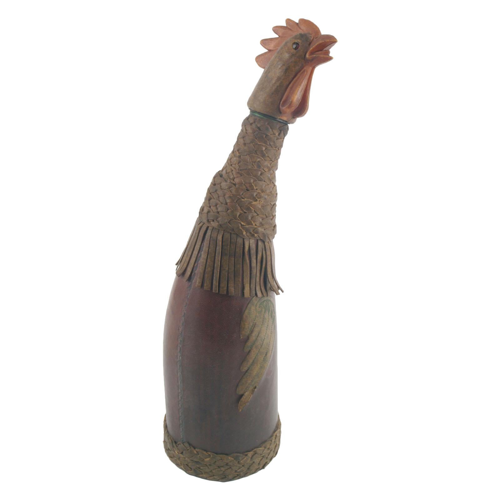 1950s Old Collection Bottle Covered in Leather in the Shape of a Rooster For Sale