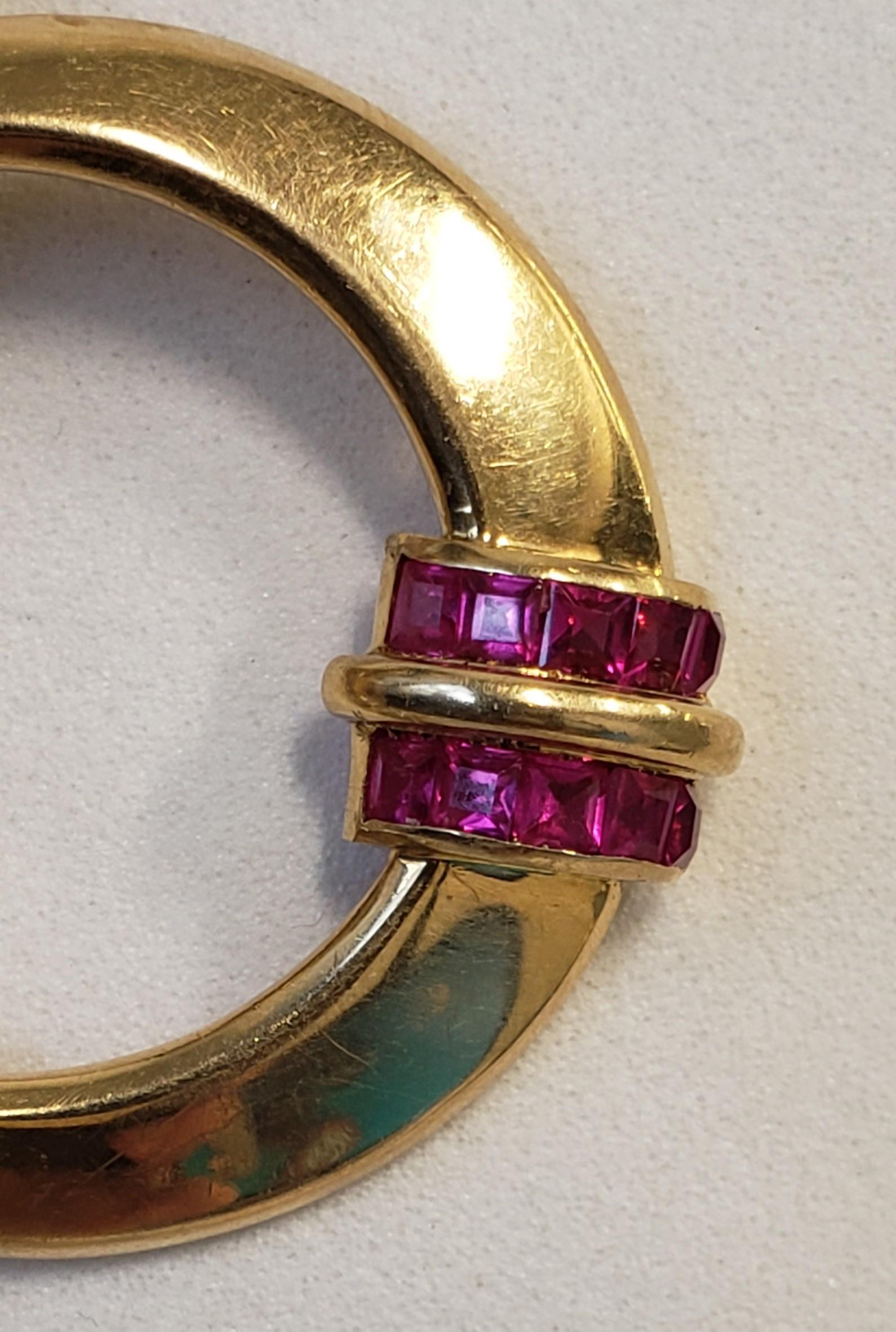 Retro 1950's Old Mine Diamonds Ruby Pin/Brooch 62x53MM 18K Gold For Sale