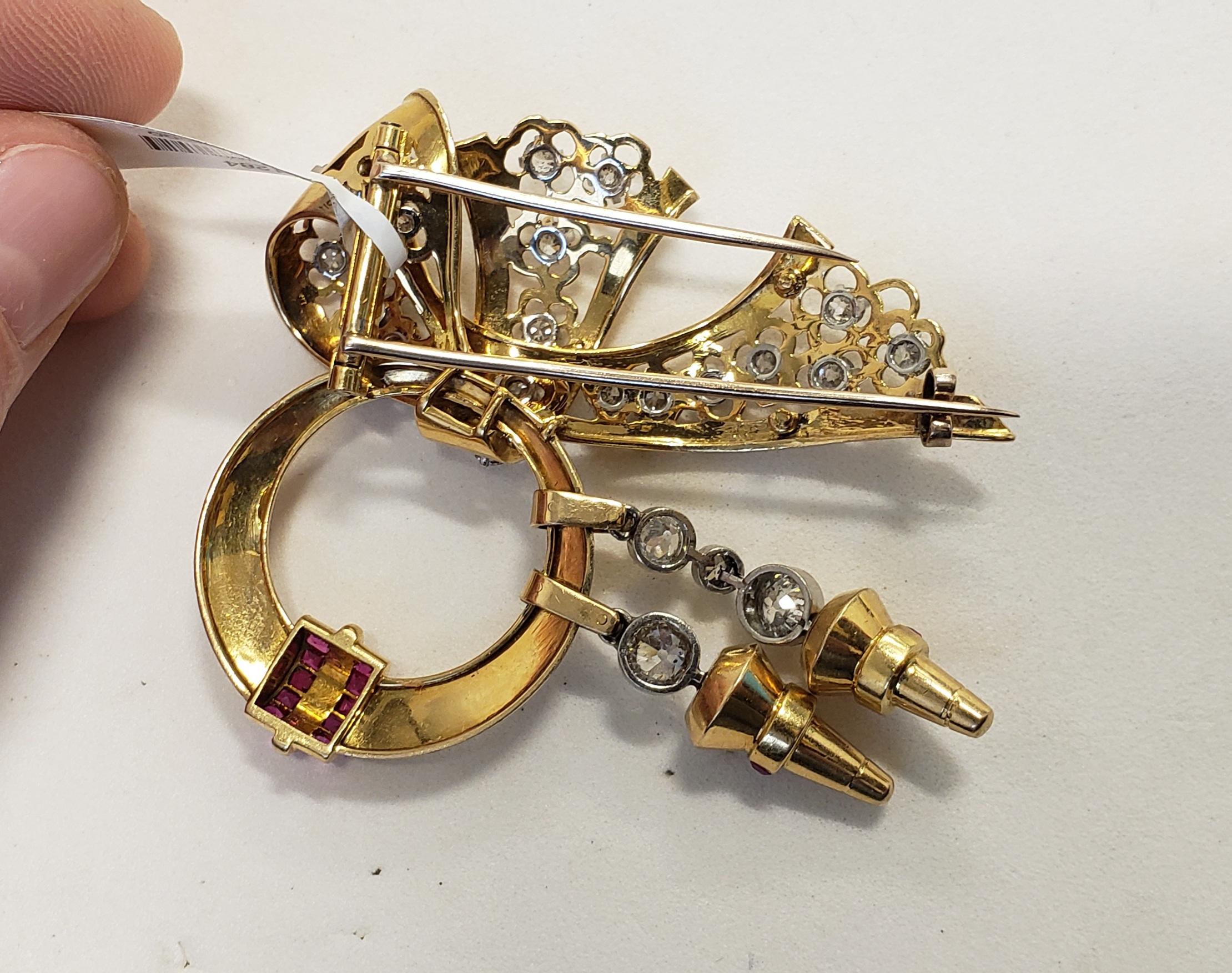 Women's or Men's 1950's Old Mine Diamonds Ruby Pin/Brooch 62x53MM 18K Gold For Sale
