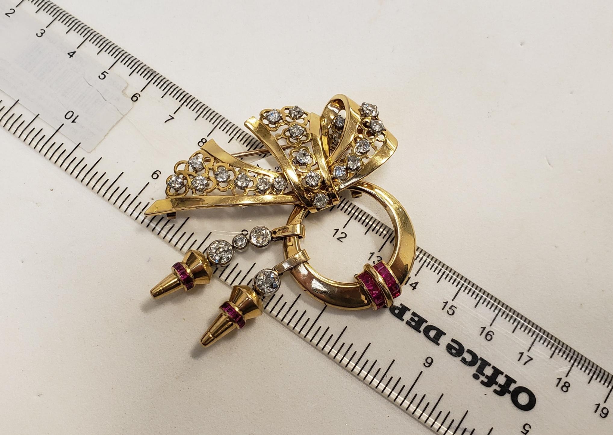1950's Old Mine Diamonds Ruby Pin/Brooch 62x53MM 18K Gold For Sale 1