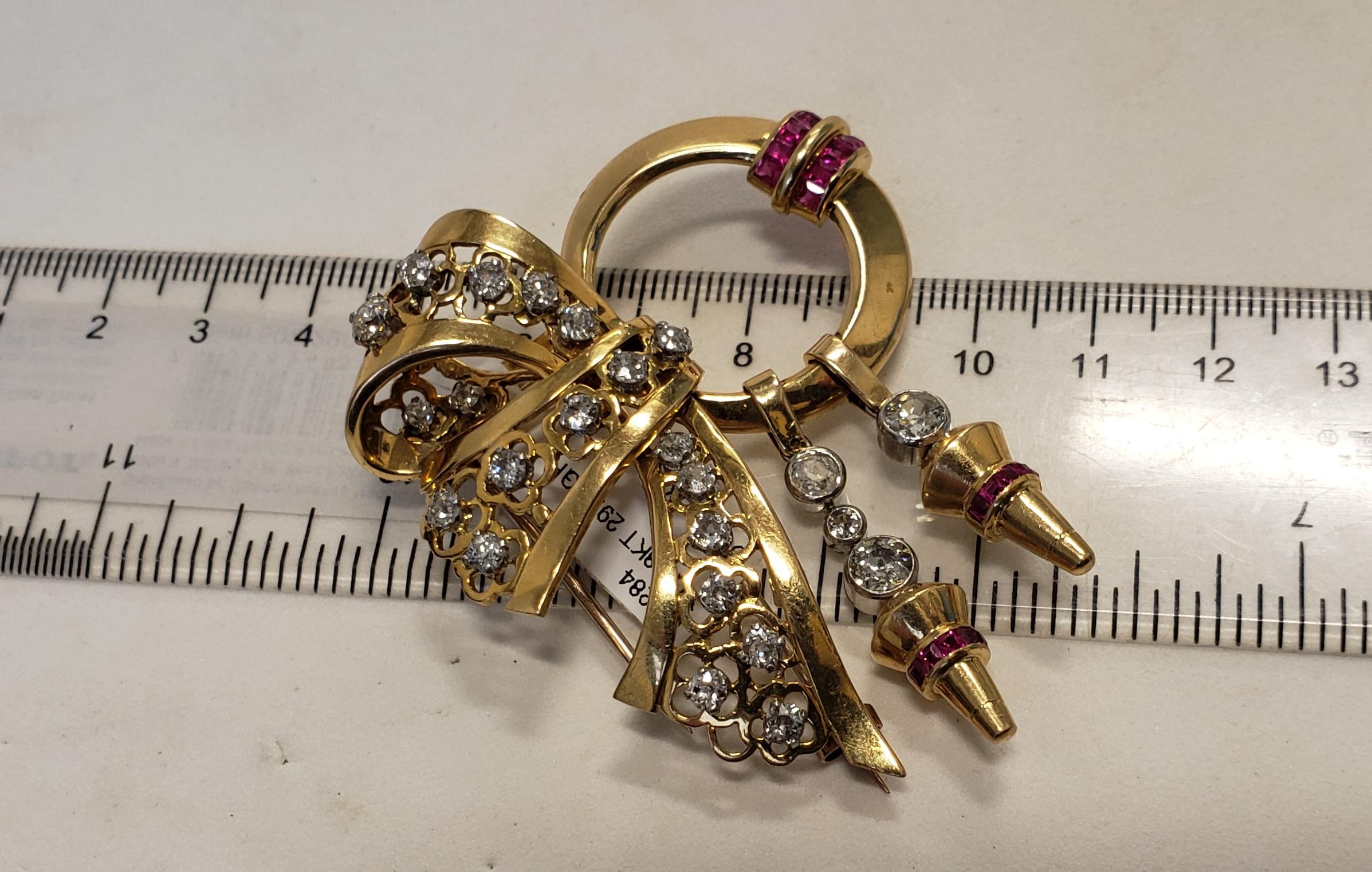 1950's Old Mine Diamonds Ruby Pin/Brooch 62x53MM 18K Gold For Sale 2