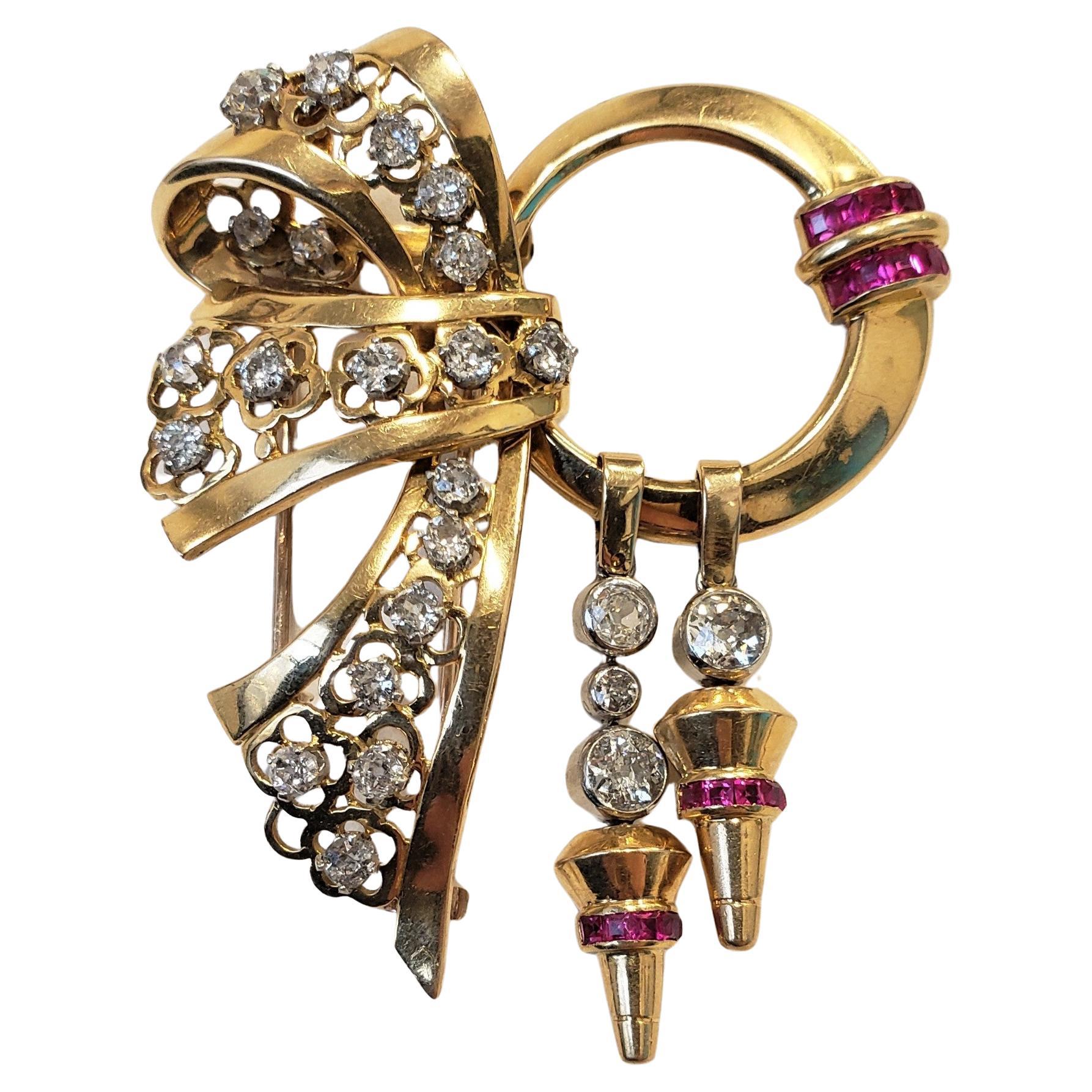 1950's Old Mine Diamonds Ruby Pin/Brooch 62x53MM 18K Gold For Sale