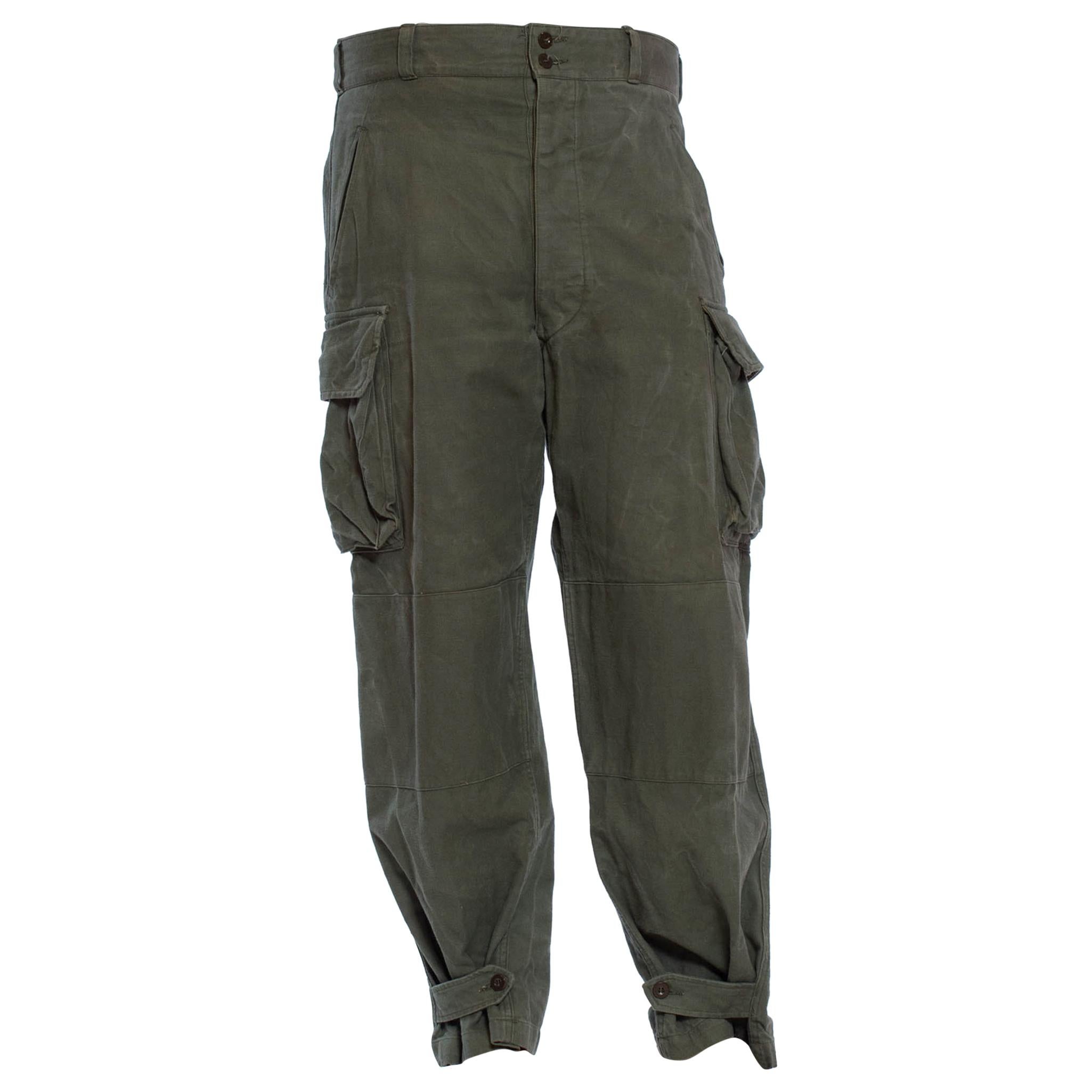 1950S Olive Green Cotton Men's French Military Utility Pants With Cargo Pockets