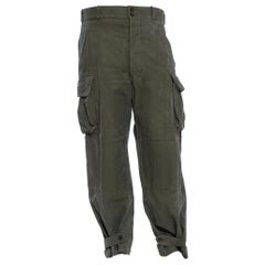 Vintage 1950S Olive Green Cotton Men's French Military Utility Pants With Cargo Pockets