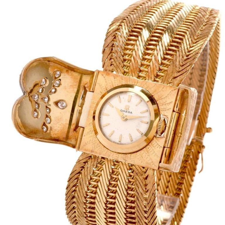 Retro 1950s Omega Diamond 18 Karat Gold Ladies Cocktail Bracelet Watch