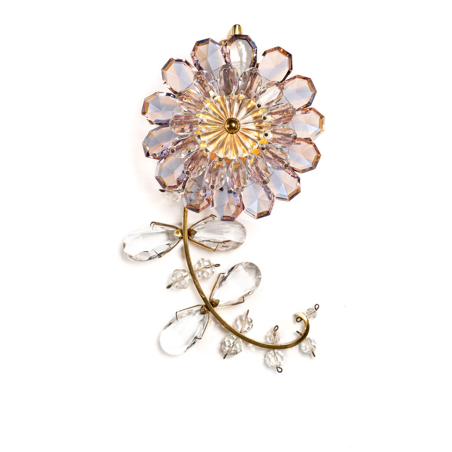 A pair of gorgeous flower shaped sconces from 1950s Manufactured by Palwa. Brass frame and crystal glass. We also have a pair with pink and purple amethyst color. 

 
