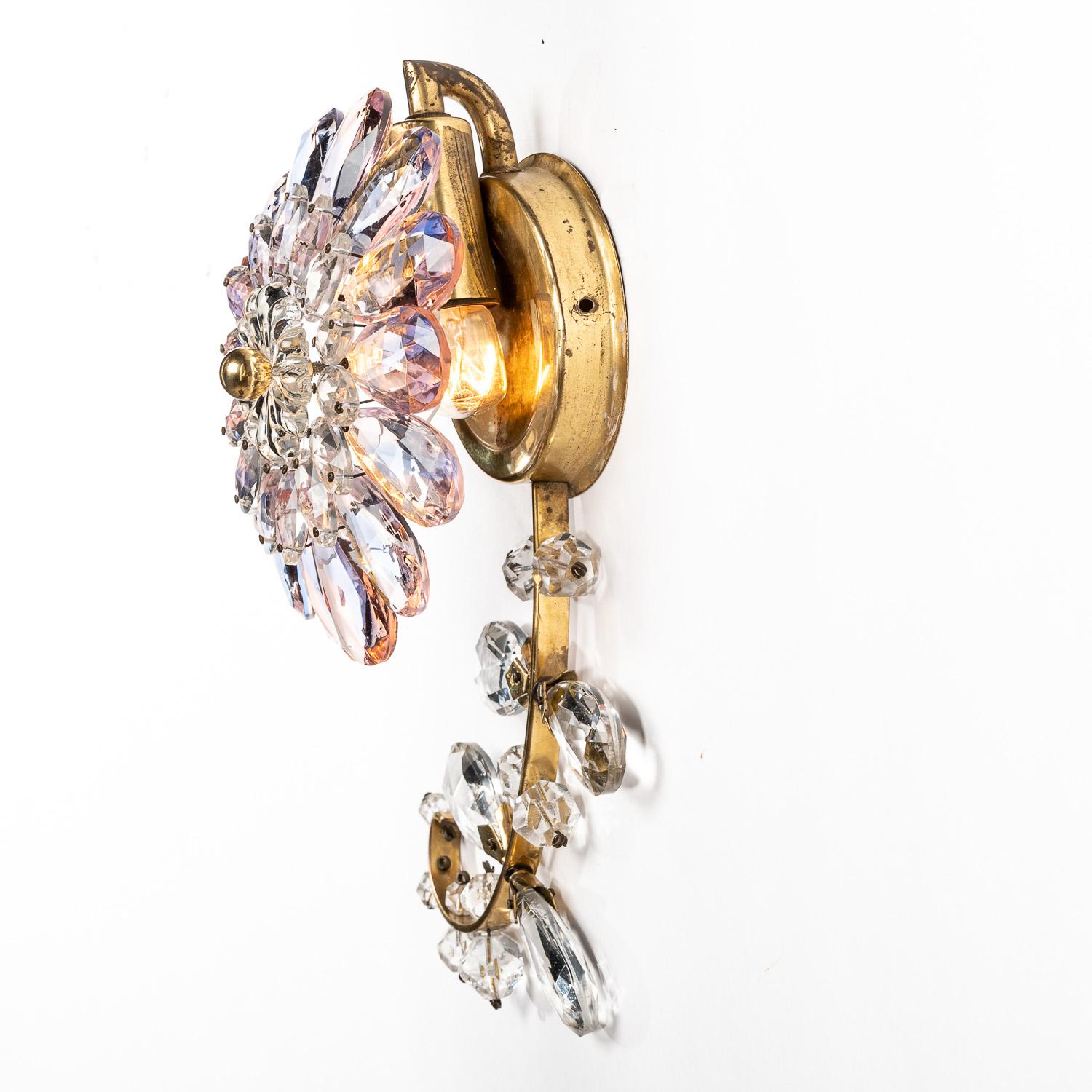 1950s One-Light Gold-Plated Brass & Crystal Glass Sconces Manufactured by Palwa 6