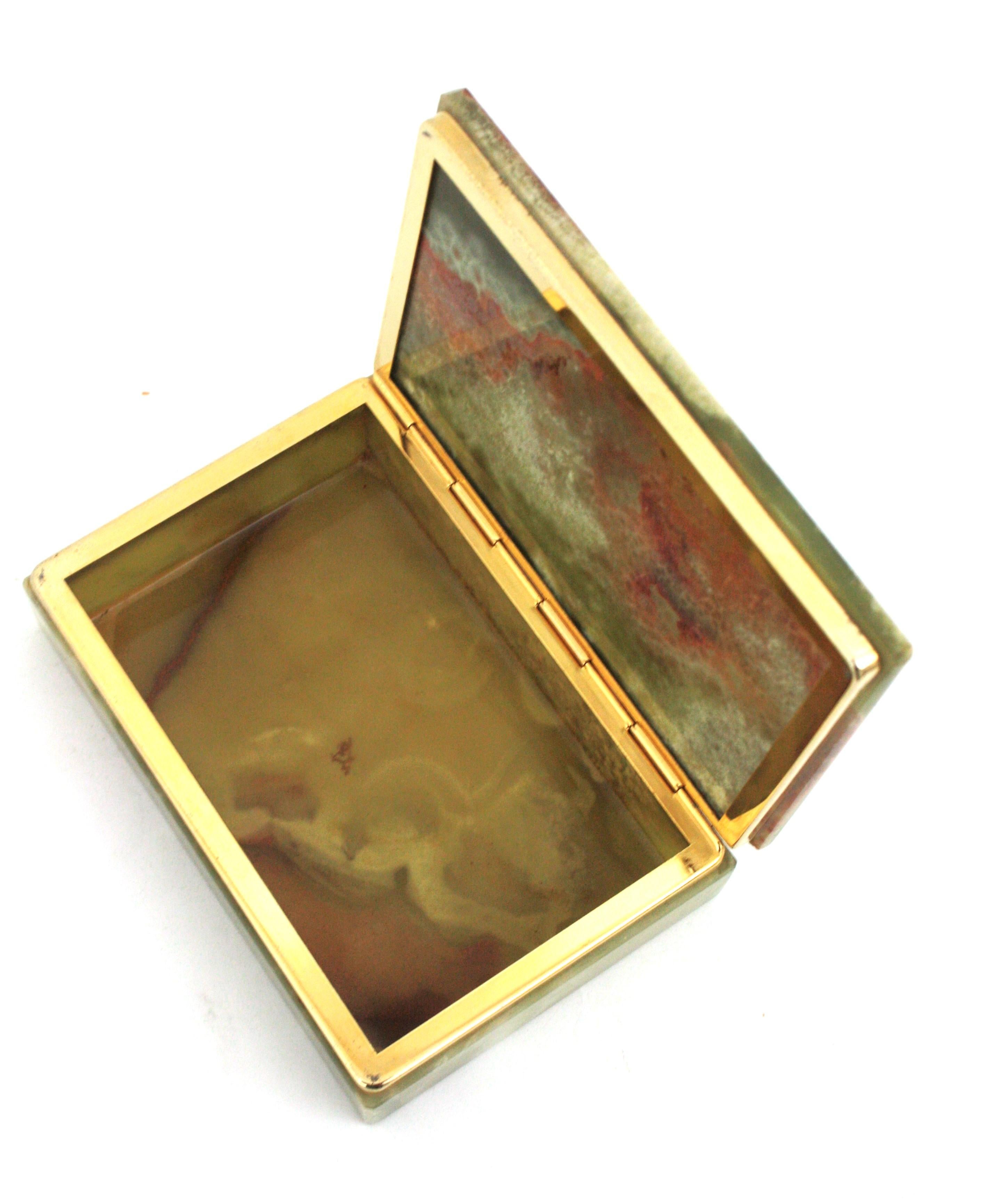 Brass 1950s Onyx Mineral Stone Jewelry Box / Hinged Box For Sale