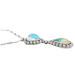1950s Opal and Diamond Drop Pendant Necklace in 18K White Gold and Platinum