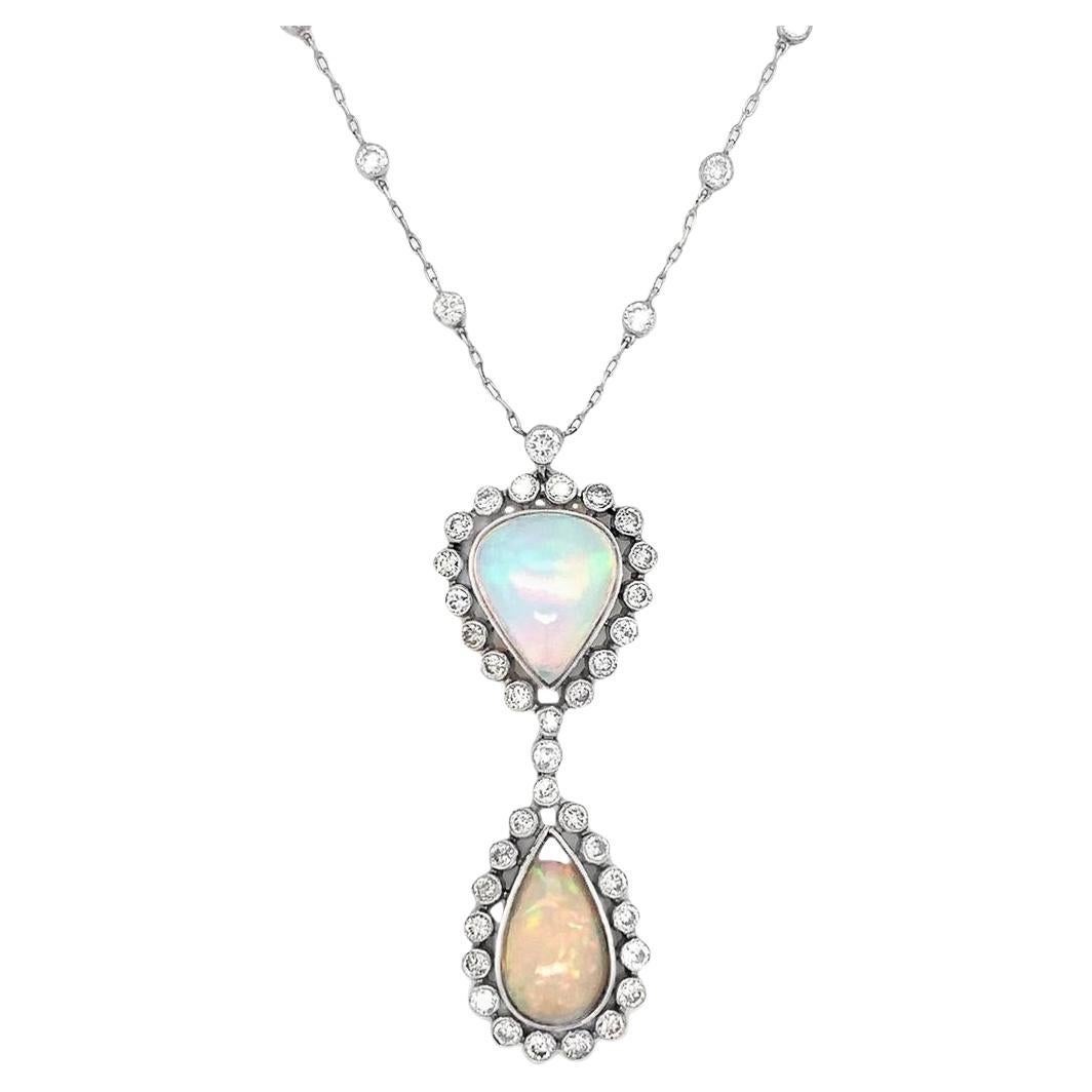 1950s Opal and Diamond Drop Pendant Necklace in 18K White Gold and Platinum