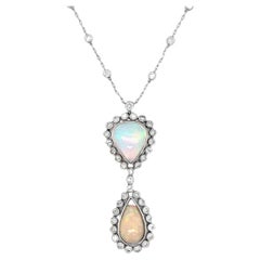 1950s Opal and Diamond Drop Pendant Necklace in 18K White Gold and Platinum