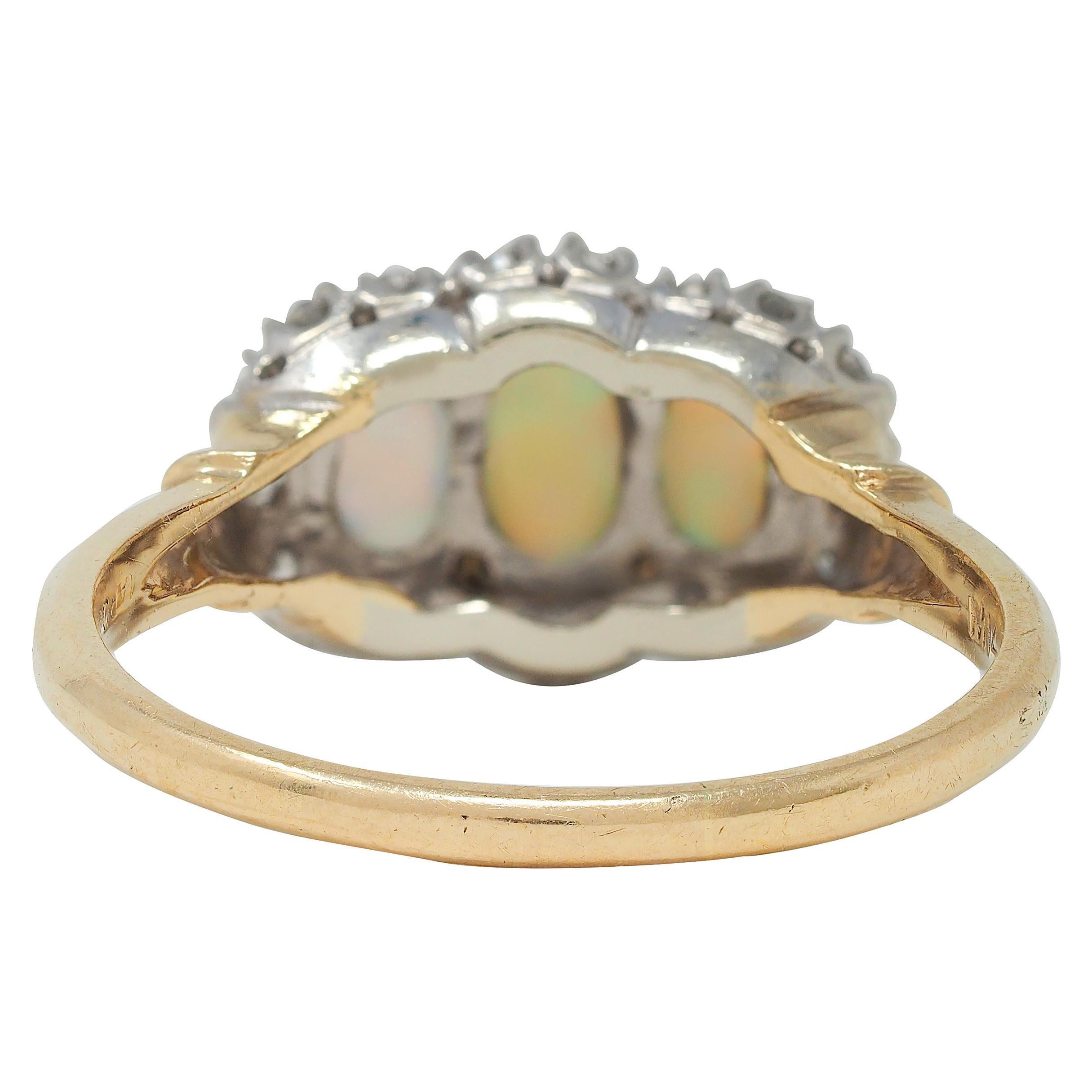 Women's or Men's 1950's Opal Cabochon Diamond 14 Karat Two-Tone Gold Vintage Halo Ring For Sale