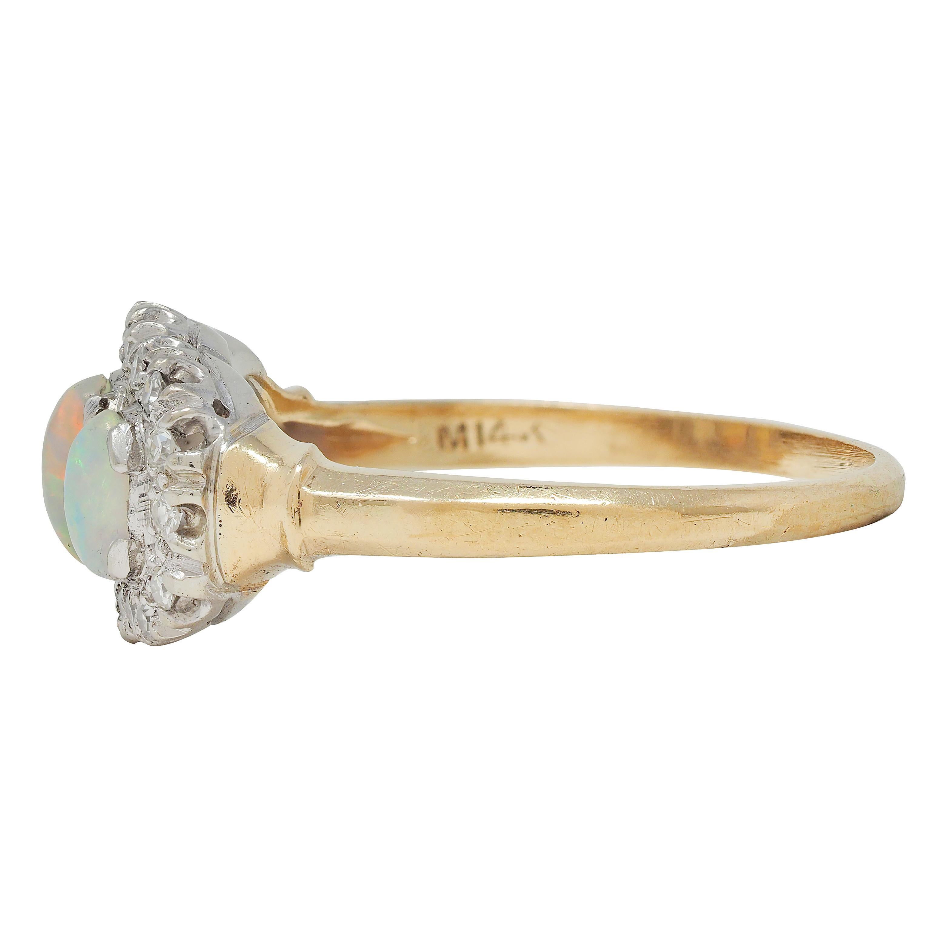 1950's Opal Cabochon Diamond 14 Karat Two-Tone Gold Vintage Halo Ring For Sale 1