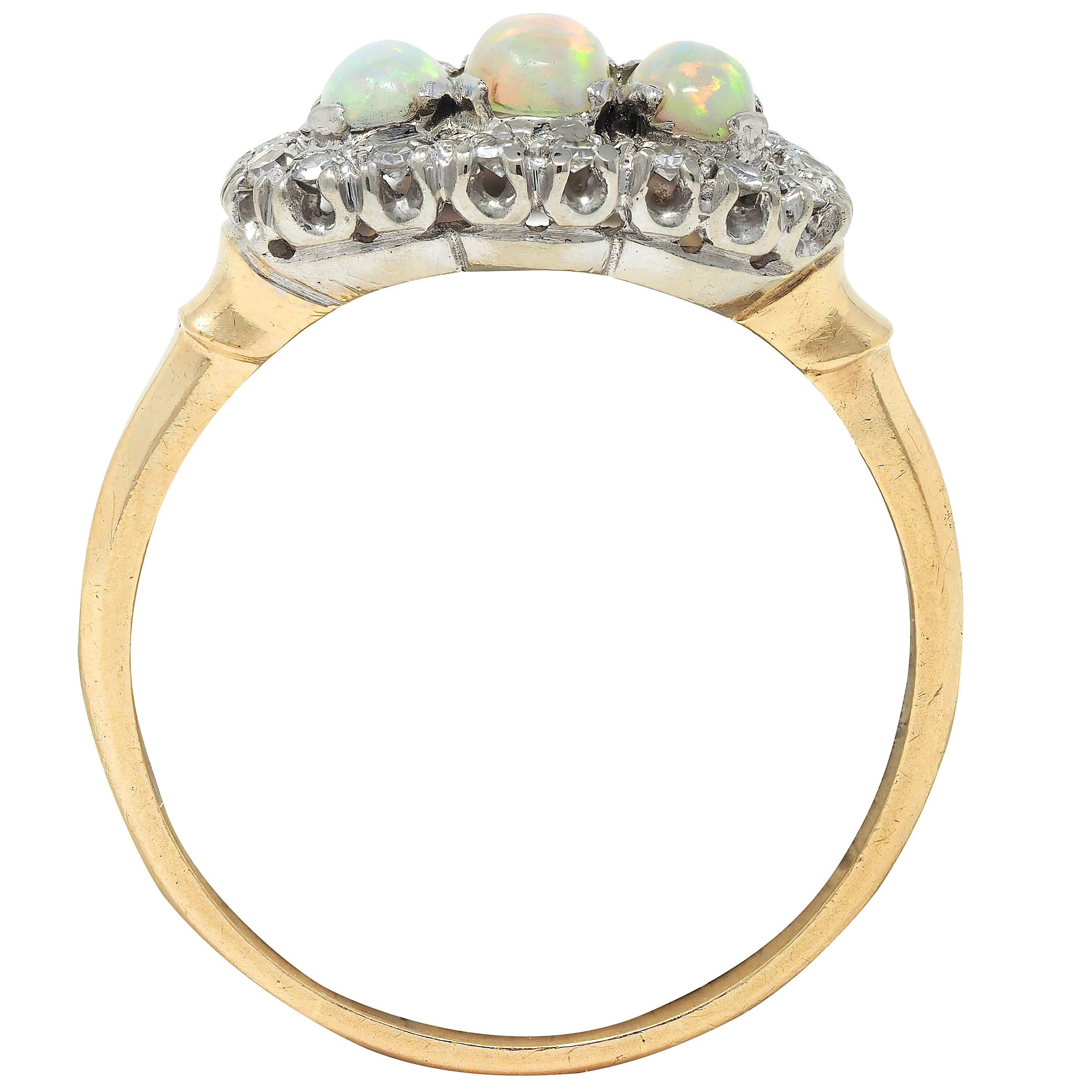 1950's Opal Cabochon Diamond 14 Karat Two-Tone Gold Vintage Halo Ring For Sale 2