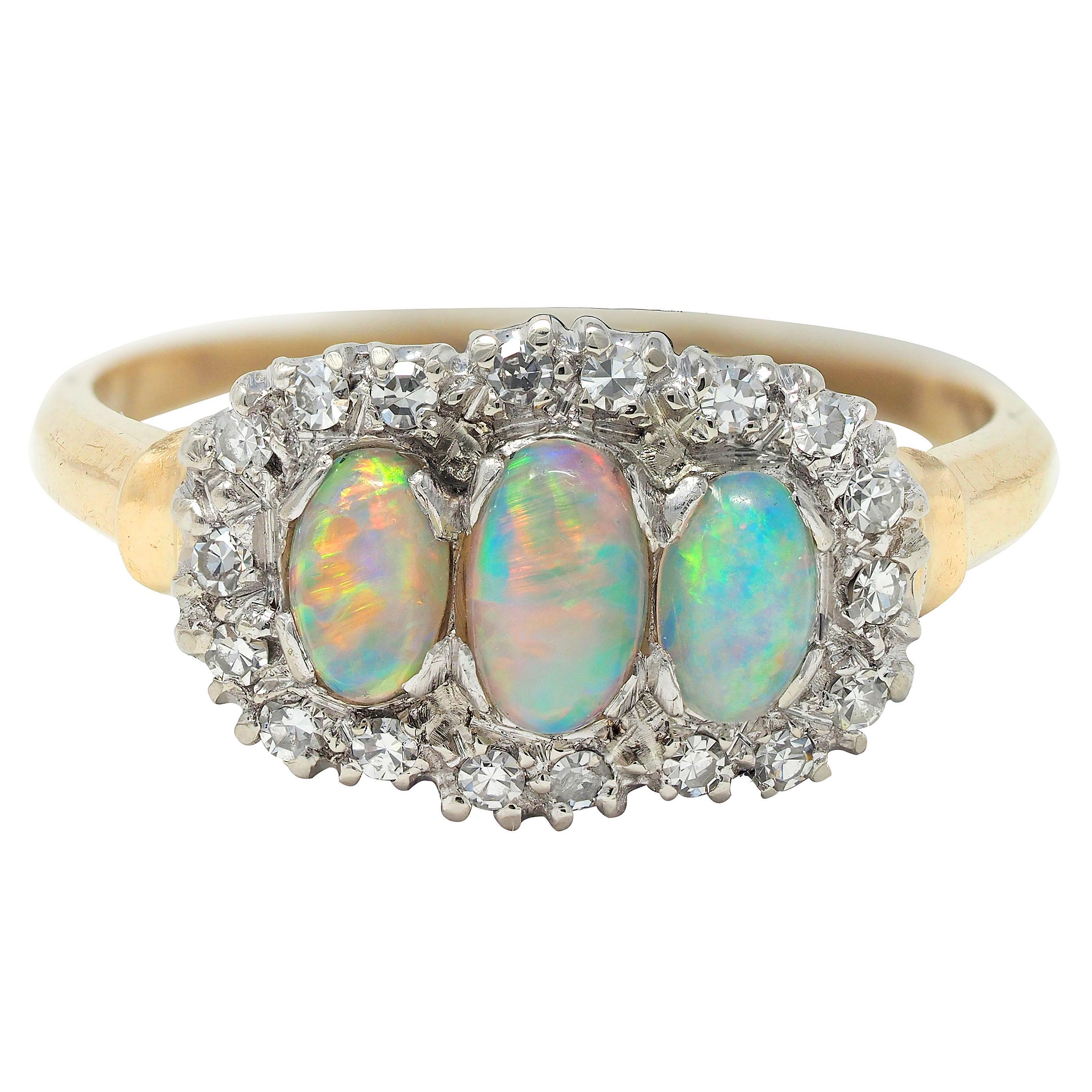 1950's Opal Cabochon Diamond 14 Karat Two-Tone Gold Vintage Halo Ring For Sale 3