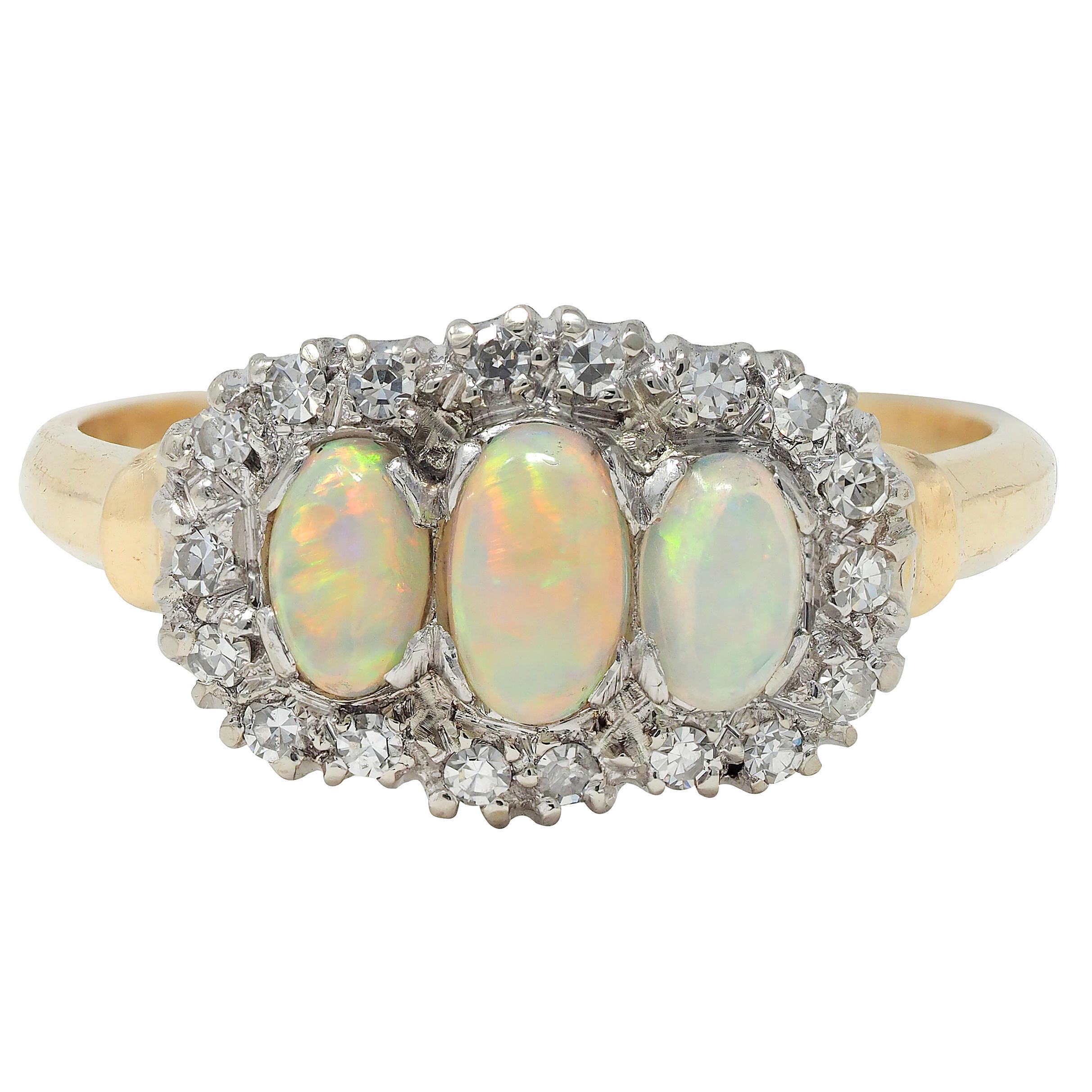 1950's Opal Cabochon Diamond 14 Karat Two-Tone Gold Vintage Halo Ring
