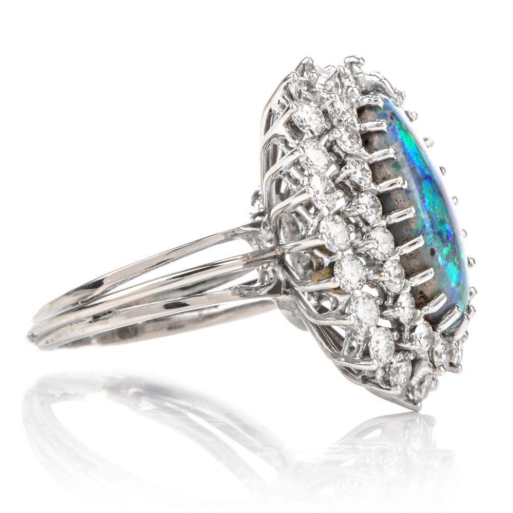1950s Opal Double Halo Diamond 18 Karat White Gold Cocktail Ring In Excellent Condition In Miami, FL