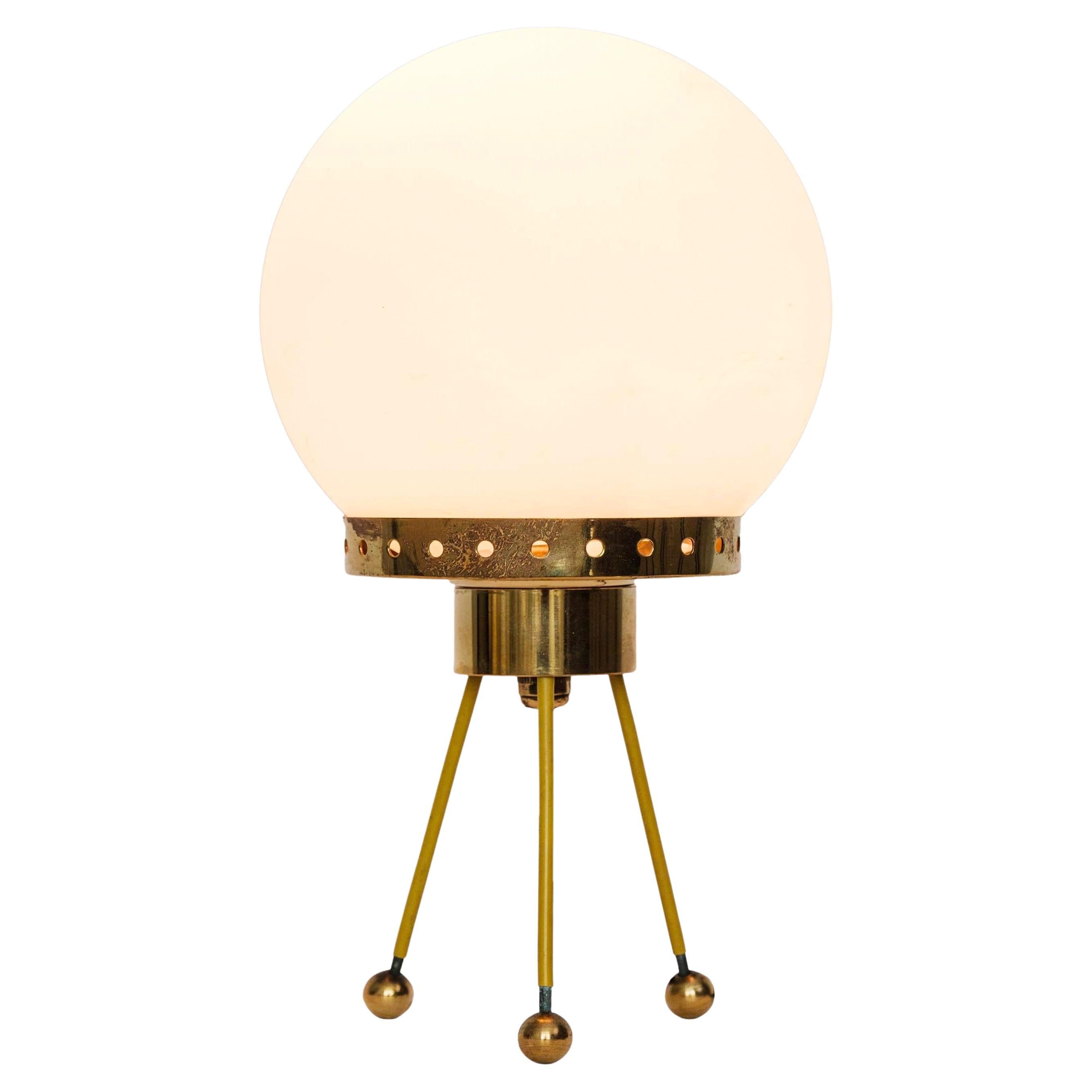 1950s Opaline Glass Sphere Tripod Table Lamp Attributed to Stilnovo For Sale