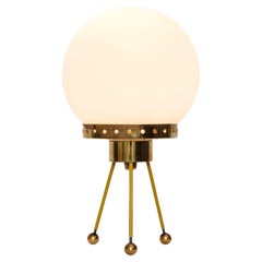 Retro 1950s Opaline Glass Sphere Tripod Table Lamp Attributed to Stilnovo