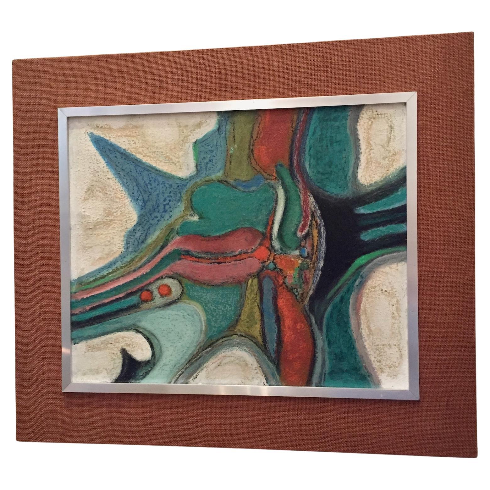 1950's or 60's abstract French Oil Painting by Pierre Havret, Original Frame