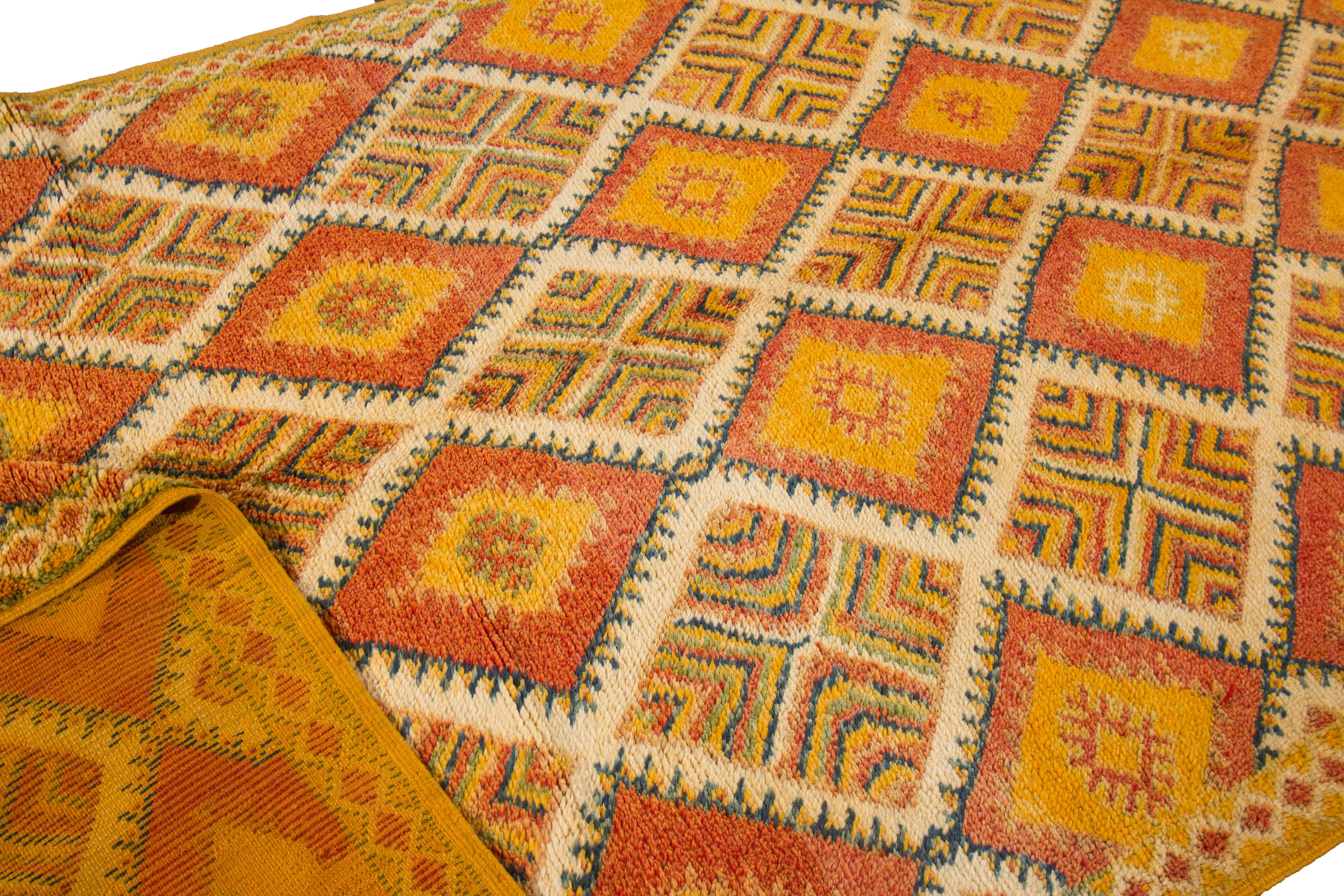 Mid-Century Modern Vintage Orange Moroccan Handmade Tribal Wool Rug For Sale