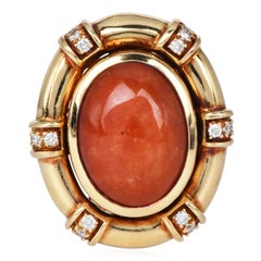 1950s Orange Jadeite Diamond Oval 14k Gold Statement Earrings