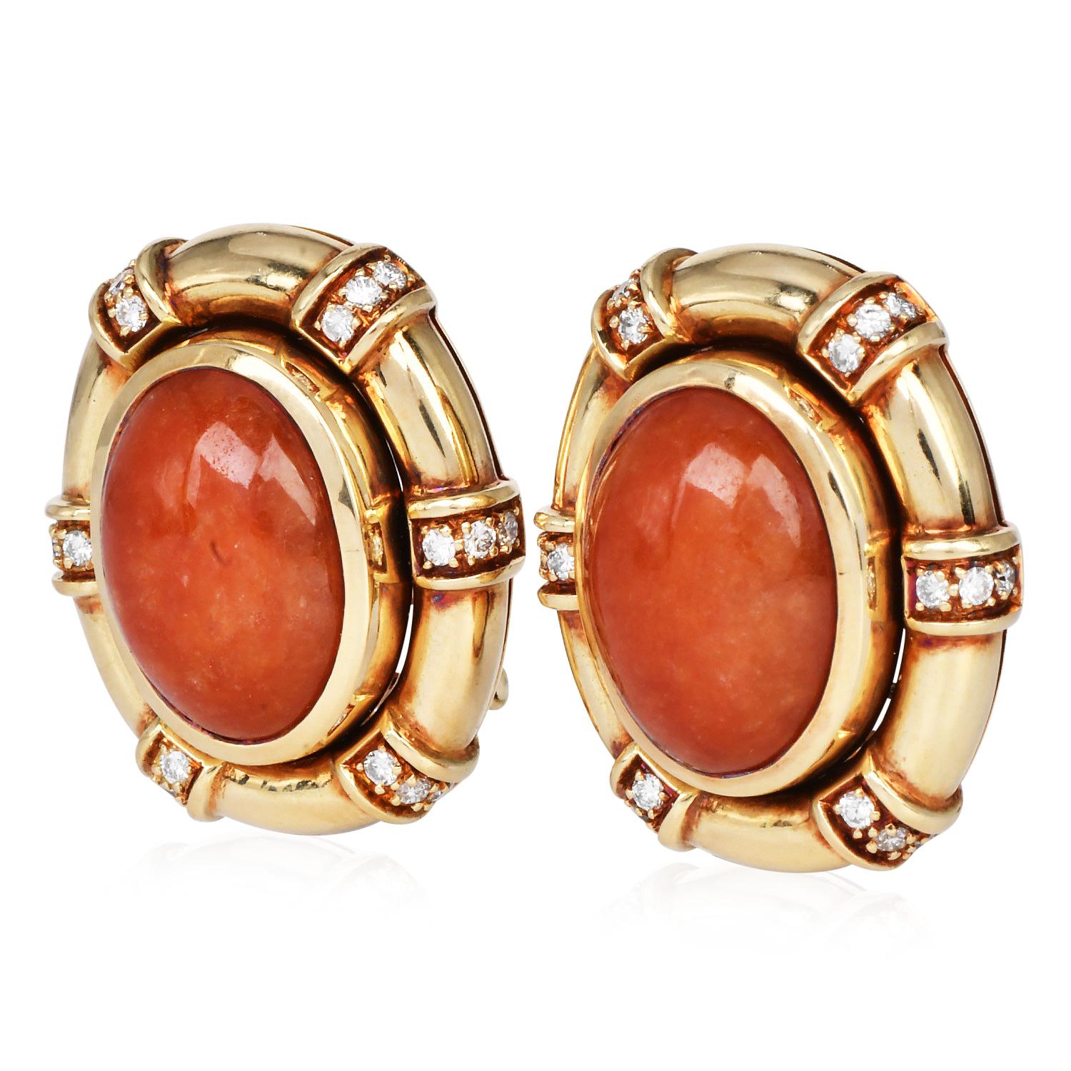 Retro 1950s Orange Jadeite Diamond Oval 14k Gold Statement Earrings For Sale