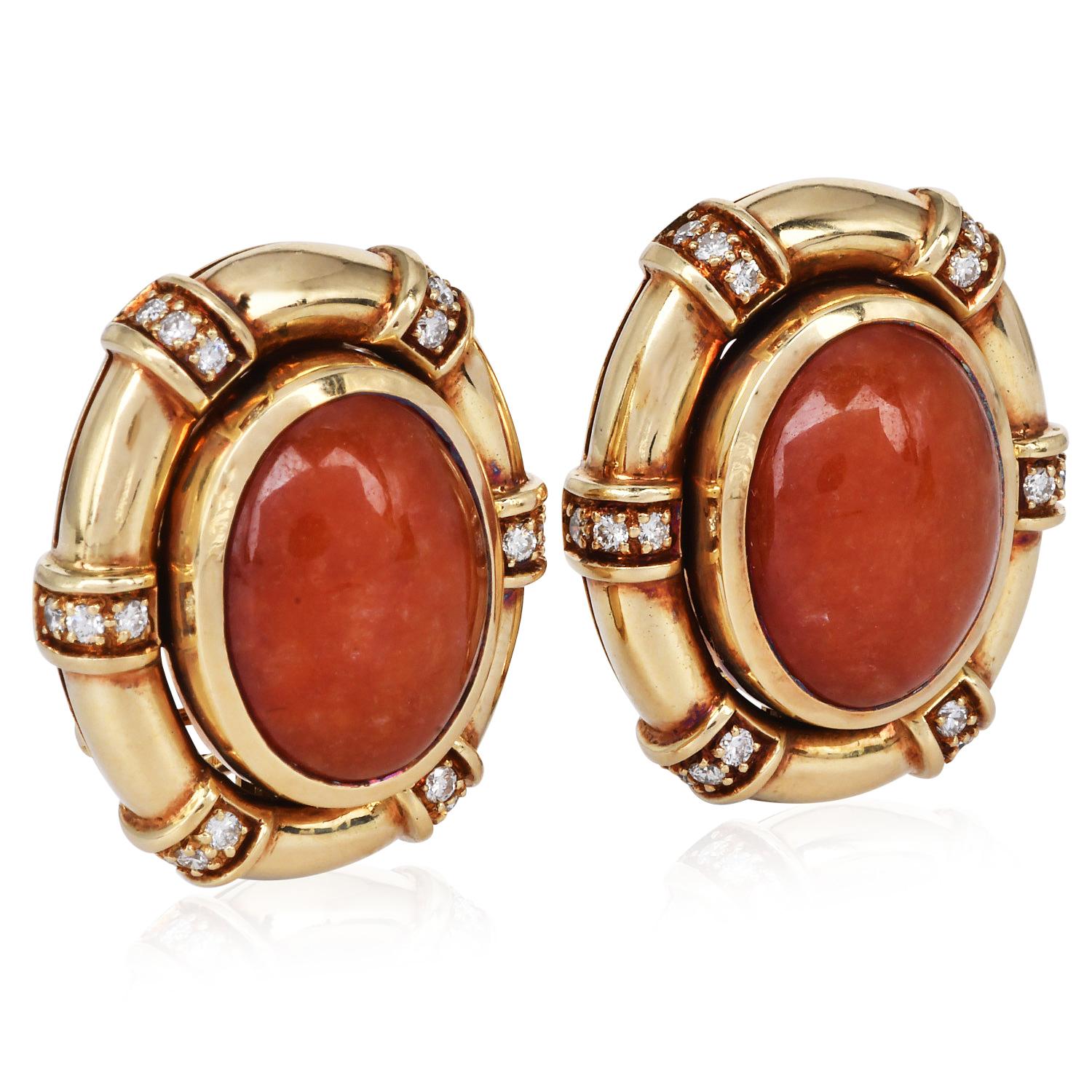 1950s Orange Jadeite Diamond Oval 14k Gold Statement Earrings In Excellent Condition For Sale In Miami, FL
