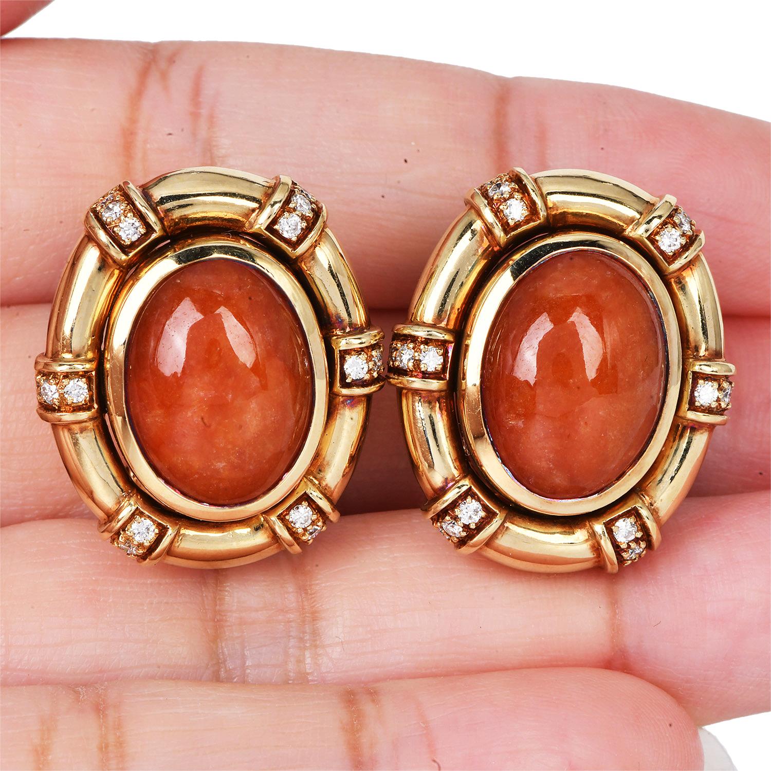 Women's 1950s Orange Jadeite Diamond Oval 14k Gold Statement Earrings For Sale