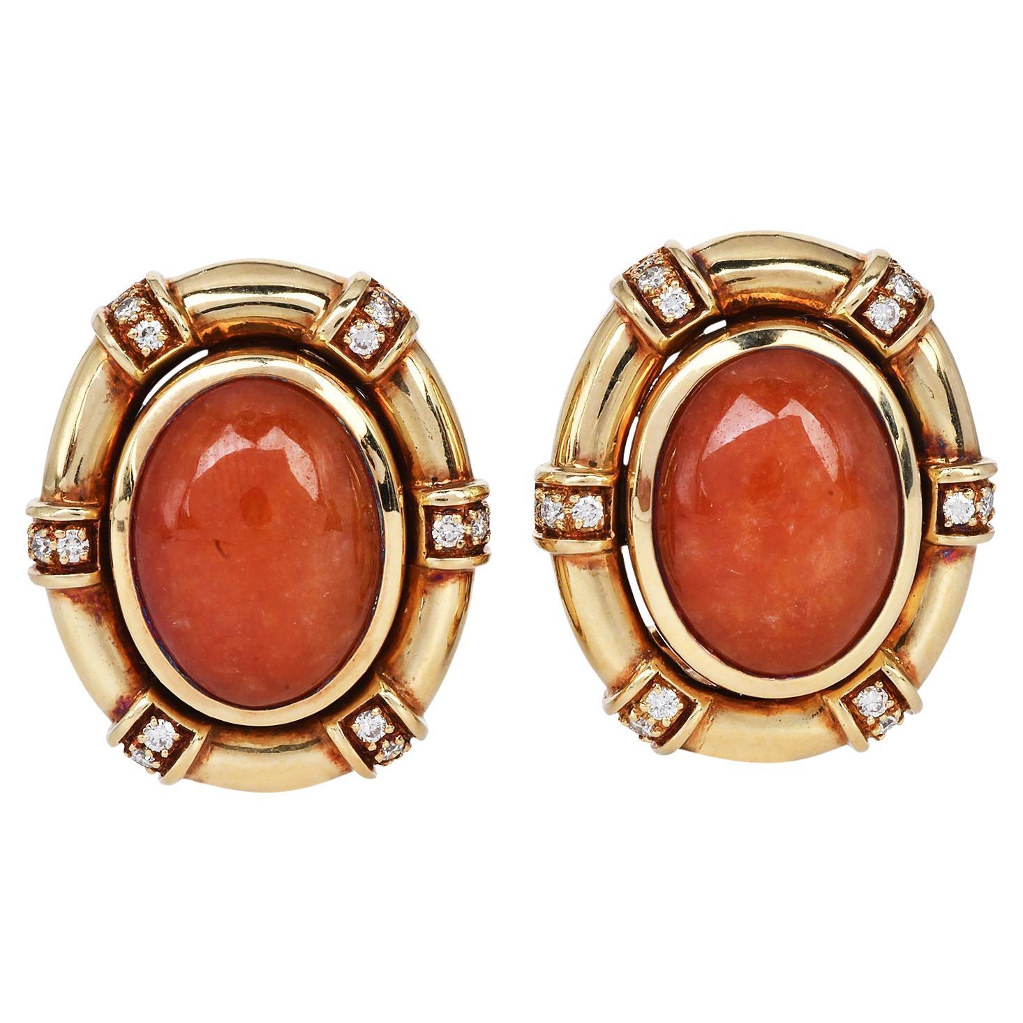 1950s Orange Jadeite Diamond Oval 14k Gold Statement Earrings For Sale