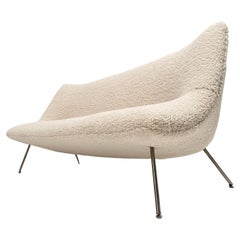 Retro 1950's Organic Design Sofa Restored with New Faux Sheepskin Upholstery 