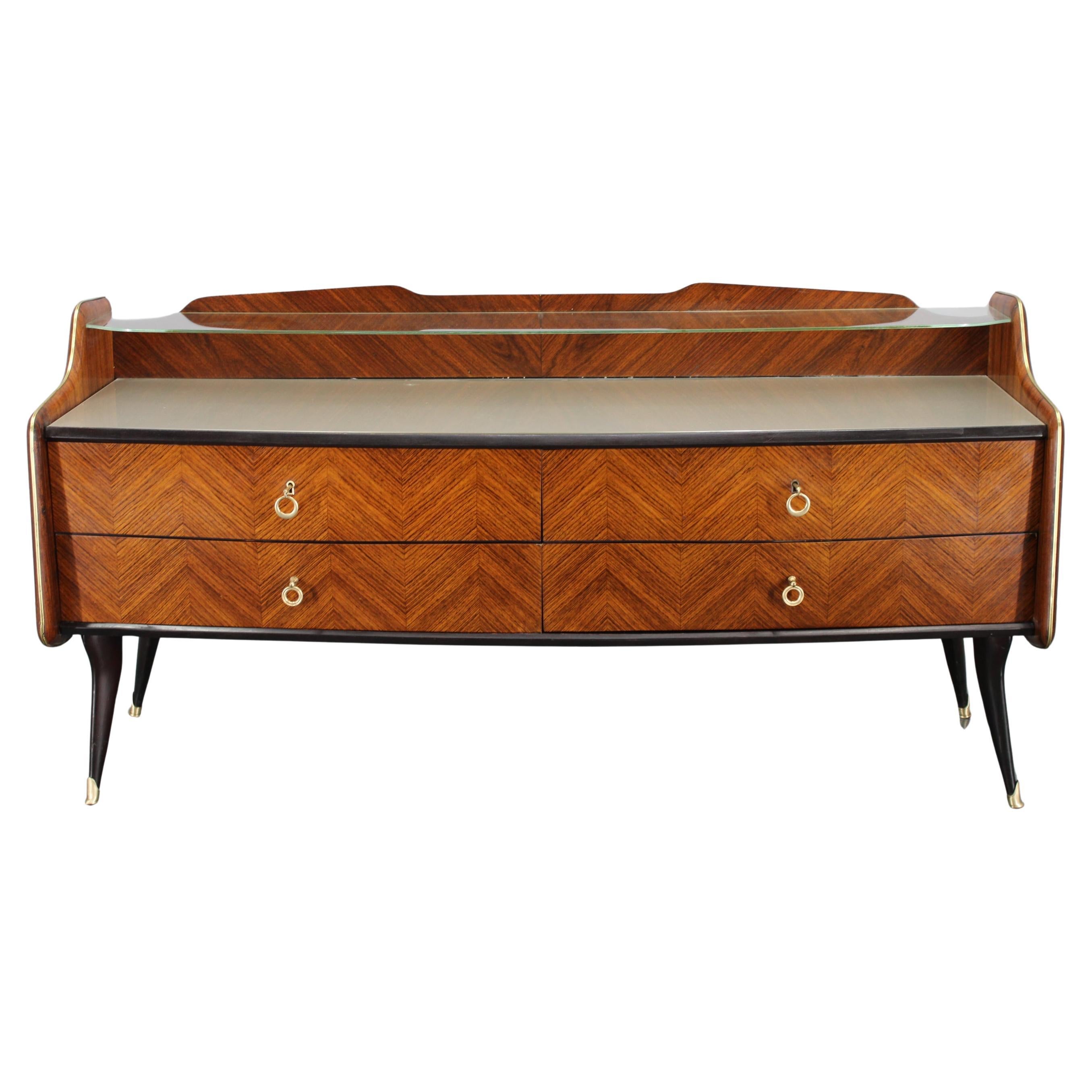 Credenza organica italiana del 1950 con piano in vetro e 4 cassetti