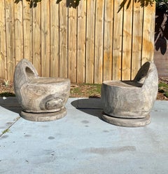 1950s Organic Wood Sculptural Carved Cerused Oak Barrel Swivel Chairs, Set of 2