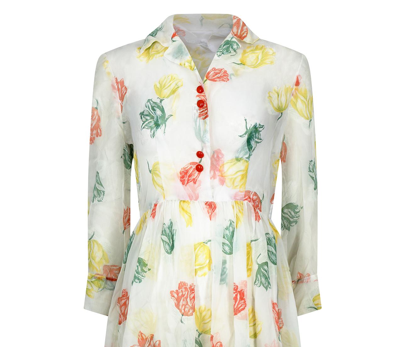1950s Organza Floral Tulip Print Shirt Dress For Sale at 1stDibs ...