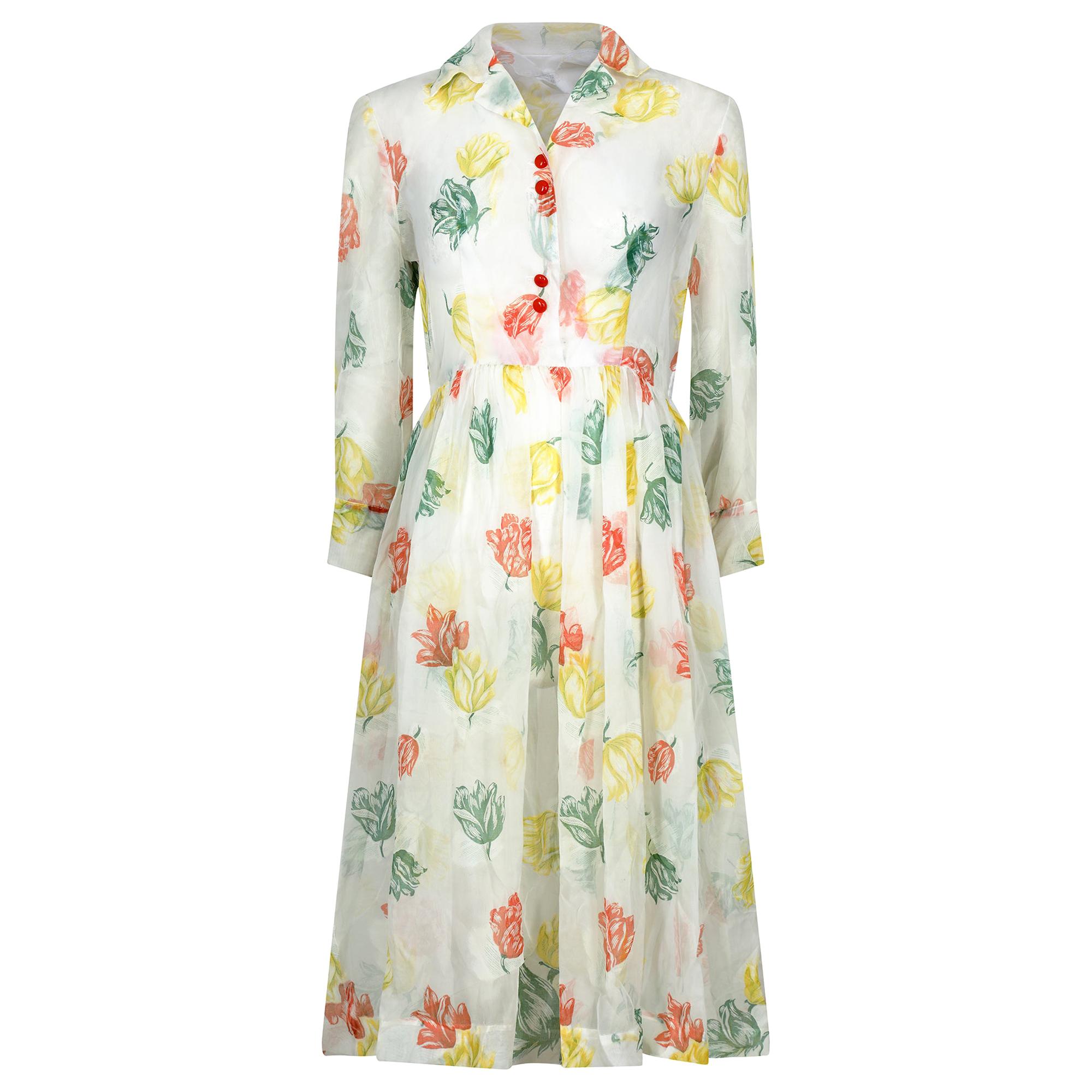 1950s Organza Floral Tulip Print Shirt Dress For Sale