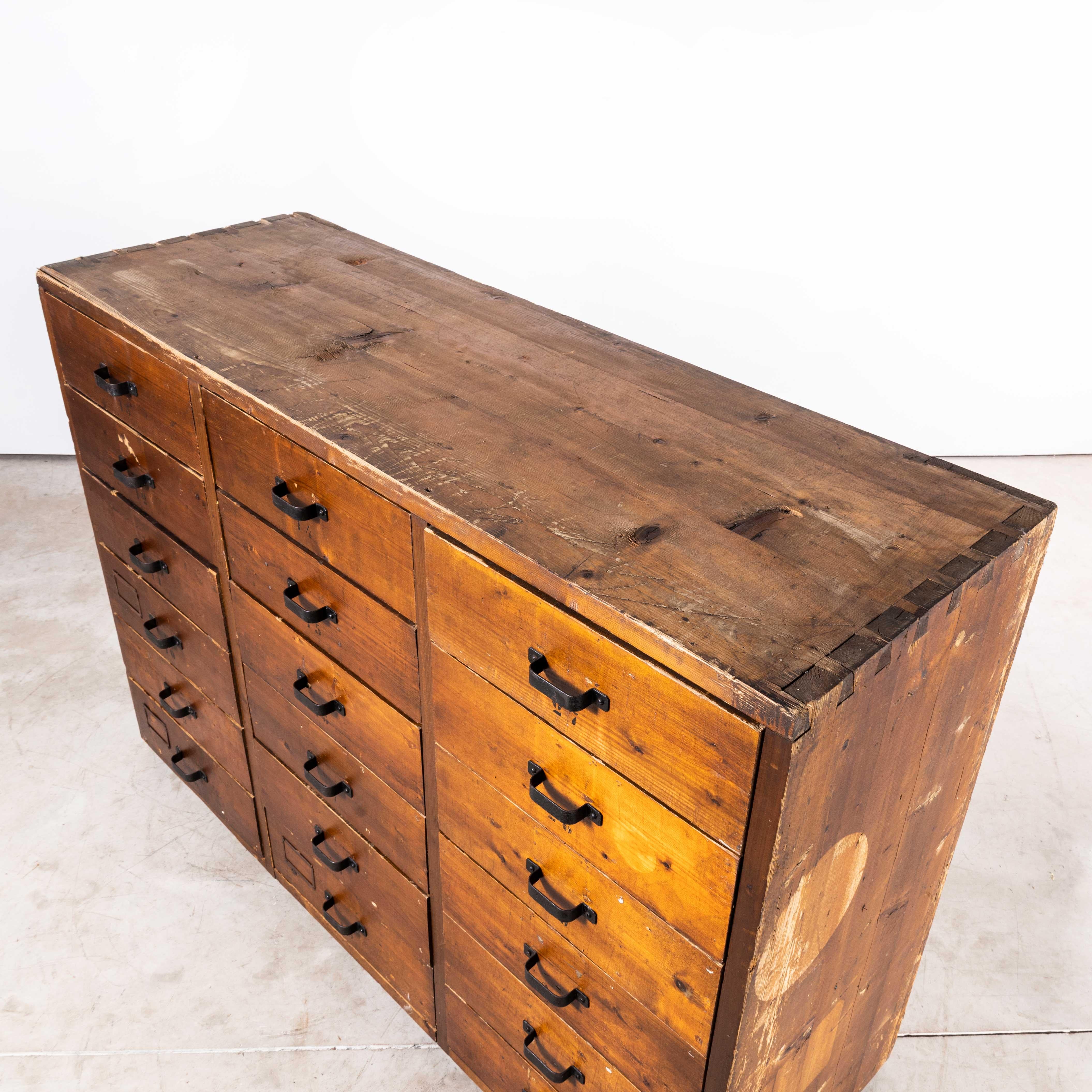 1950’s Orginal French Workshop Bank Of Drawers – Twenty One Drawers
1950’s Original French Workshop Bank Of Drawers. Large bank of twenty one drawers, beautifully made in solid pitch pine. The carcass is made from solid pine boards and all the