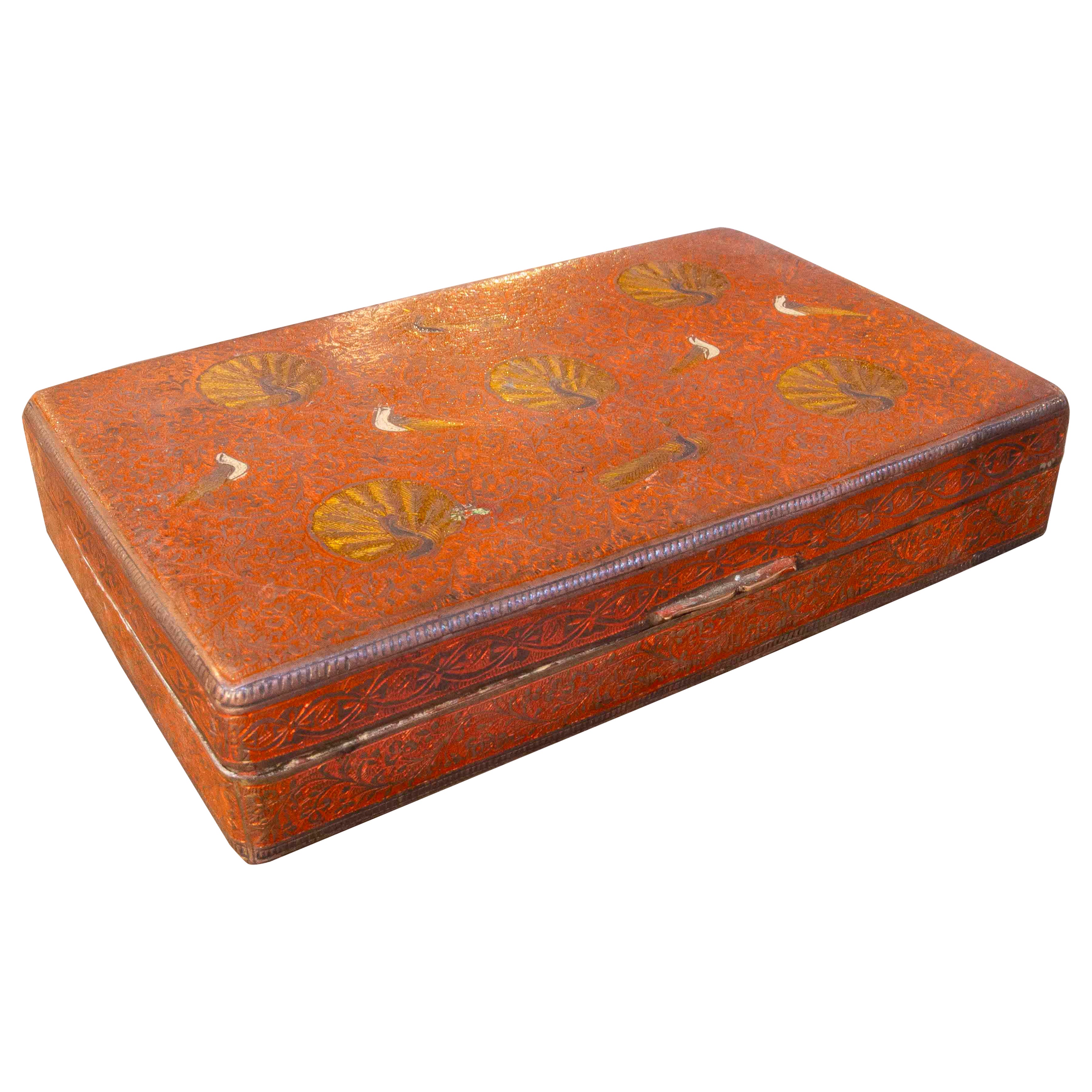 1950s Oriental Style Engraved Brass Box with a Wooden Interior For Sale
