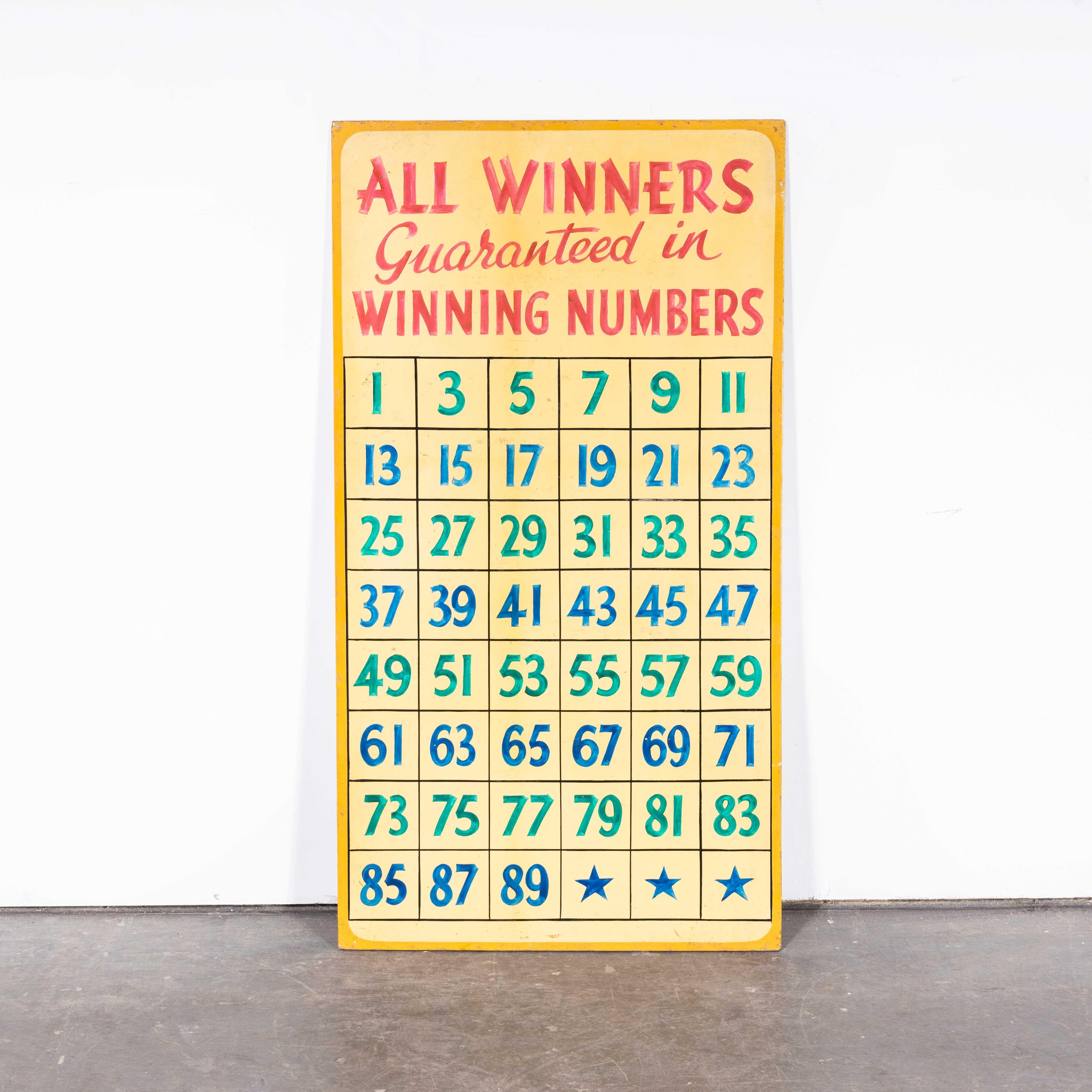 1950s Original All Winners Large Fairground Sign (2556)
1950s Original All Winners Large Fairground Sign. Lovely honest and original fairground sign mounted on wooden board and hand painted.

WORKSHOP REPORT
Our workshop team inspect every