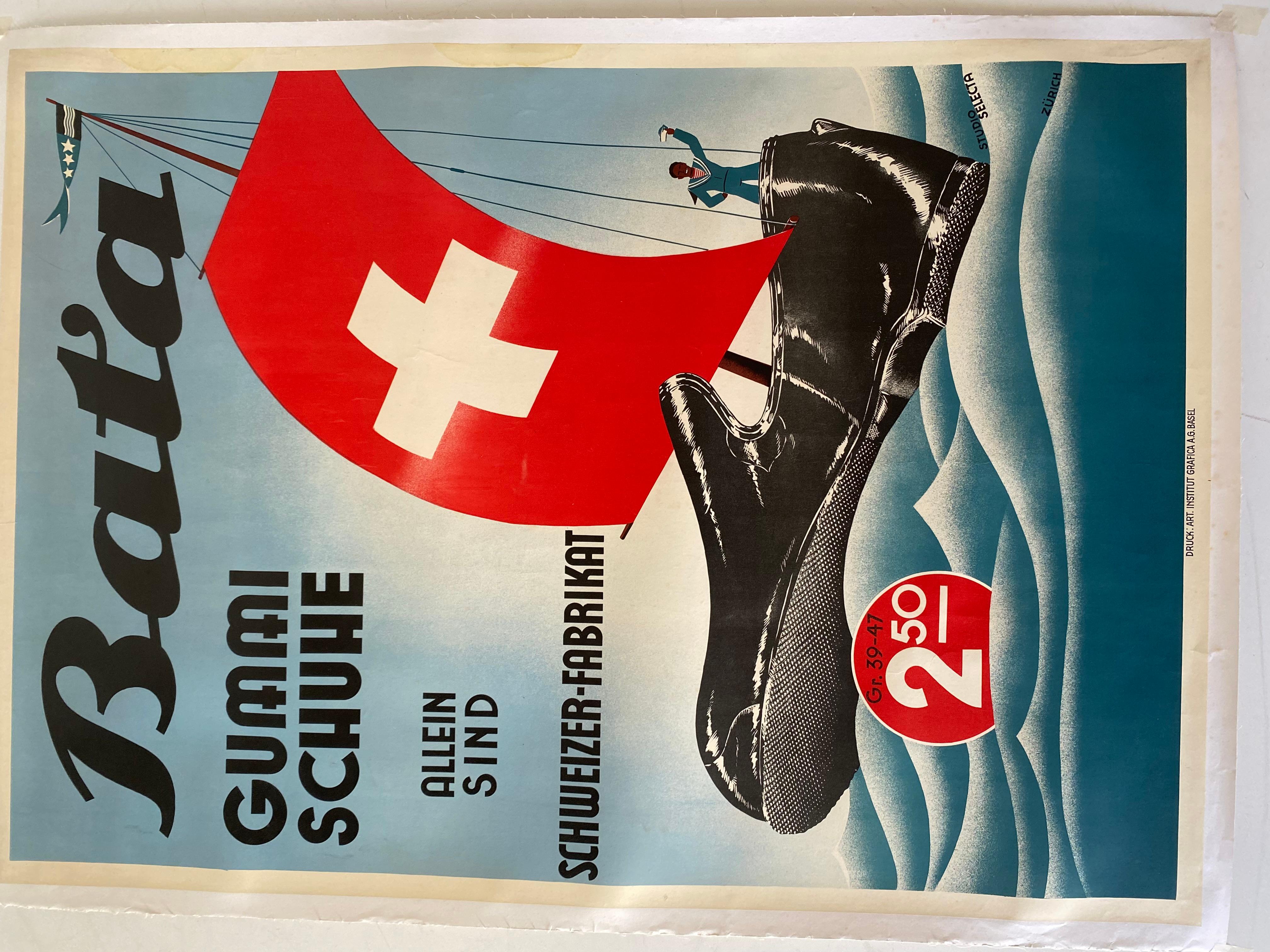 Original BATA-Plakat aus den späten 1950er Jahren. Leinwandpapier und leuchtende Farben. Werbeplakat der weltweit bekannten BATA SHOE ORGANIZATION.

Sehr gute Bedingungen mit einigen Zeichen der Zeit.