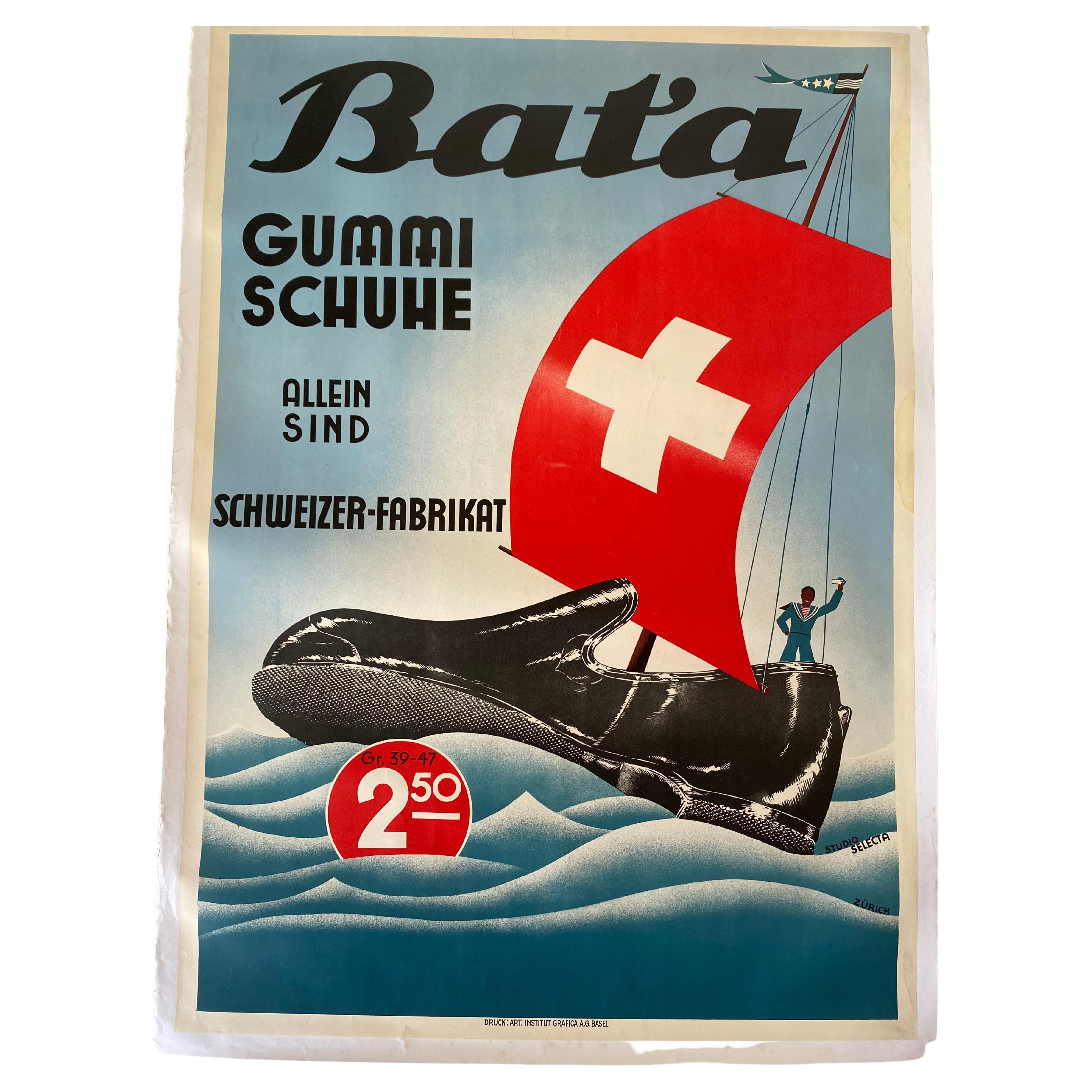 Original Vintage "Bata shoes company" wall poster, Switzerland, 1950s For Sale