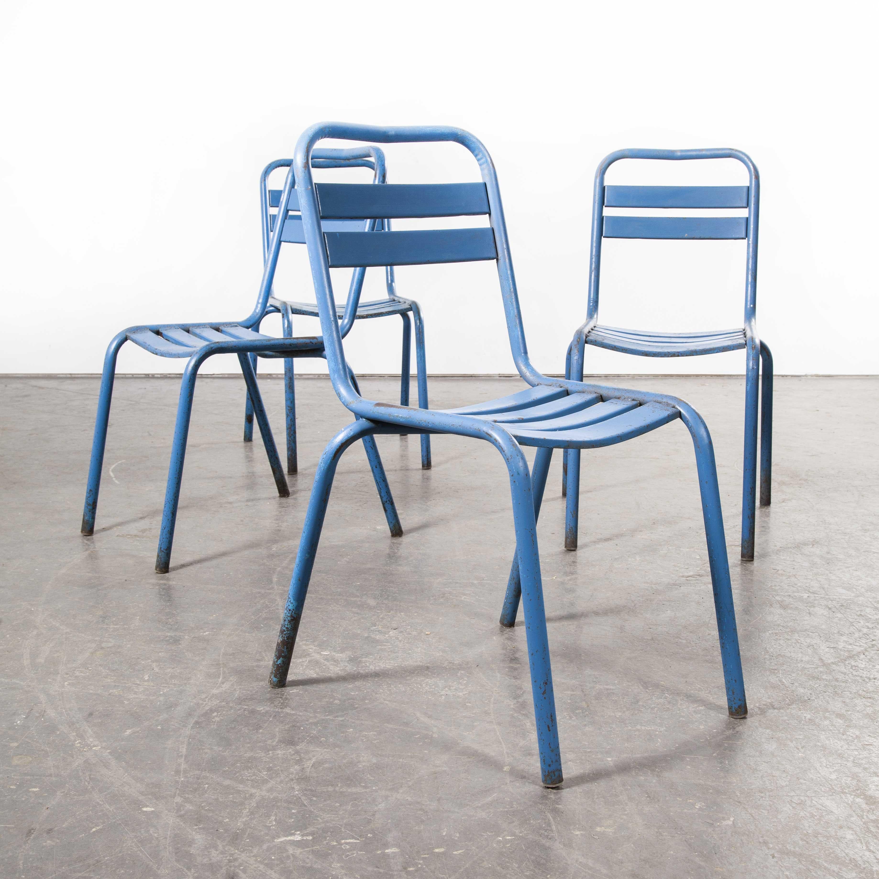 1950s Original Blue French Tolix T2 Metal Café Dining Chair, Set of Four In Good Condition In Hook, Hampshire